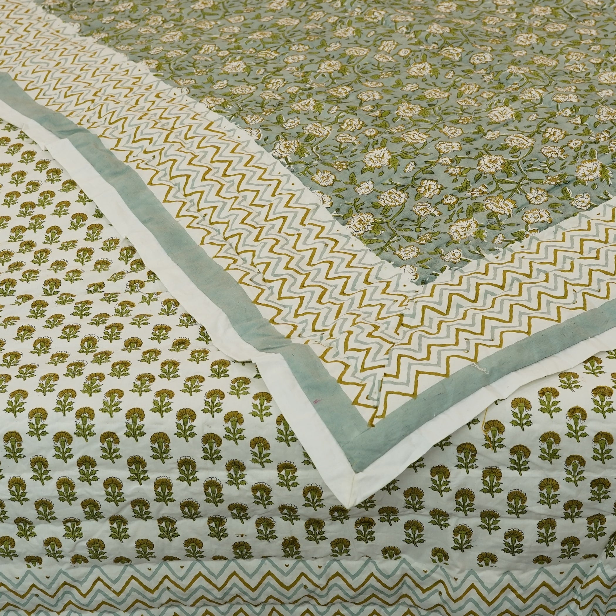 Fabdivine Hand Block Print Blue Green Floral Organic Cotton Quilt Natural Boho Decorative Bedding Reversible Handmade Design