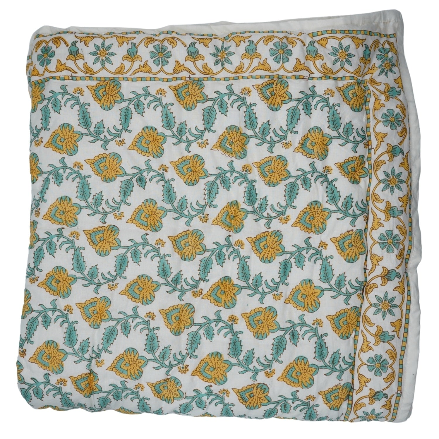 Fabdivine Hand Block Print Cotton Quilt Soft Luxurious Yellow Green Floral Madhubala Bedding Reversible Lightweight Handmade