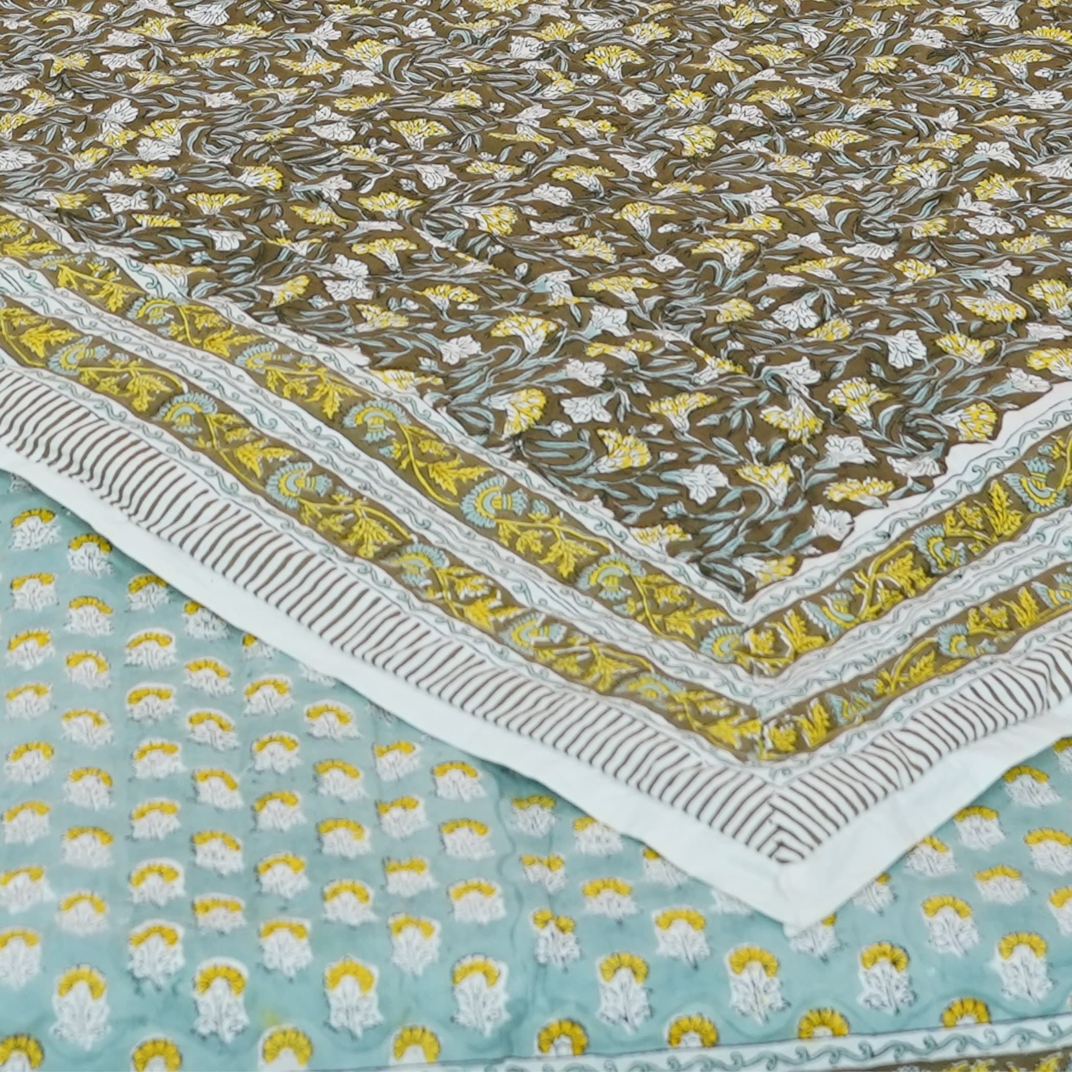 Fabdivine Hand Block Print Green Yellow Floral Organic Reversible Cotton Quilt Natural Boho Decorative Bedding For Home Deco