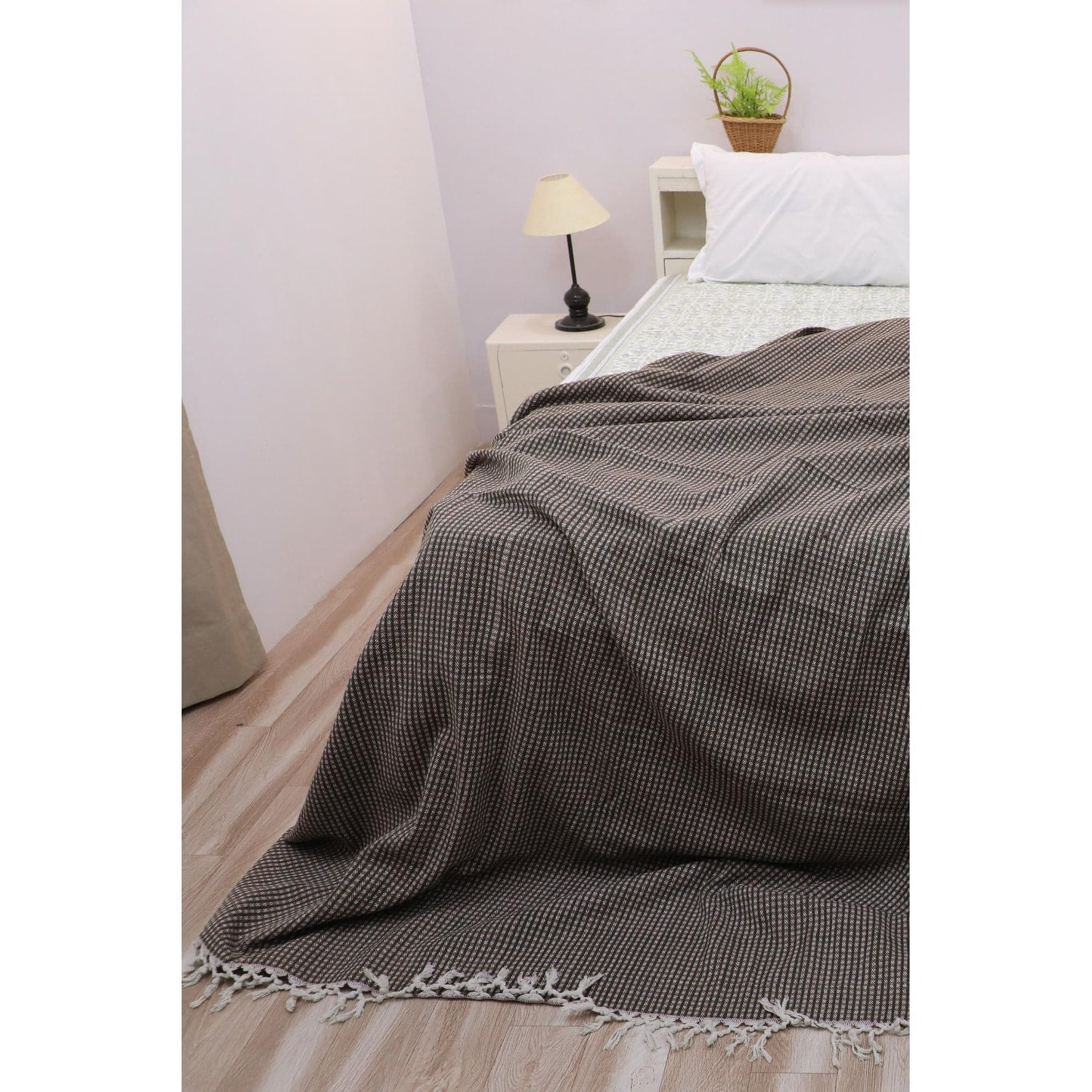 Fabdivine Handmade Check Lines Block Printed Throw Blanket Handwoven Cotton With Unique Fringe Knots 90X54