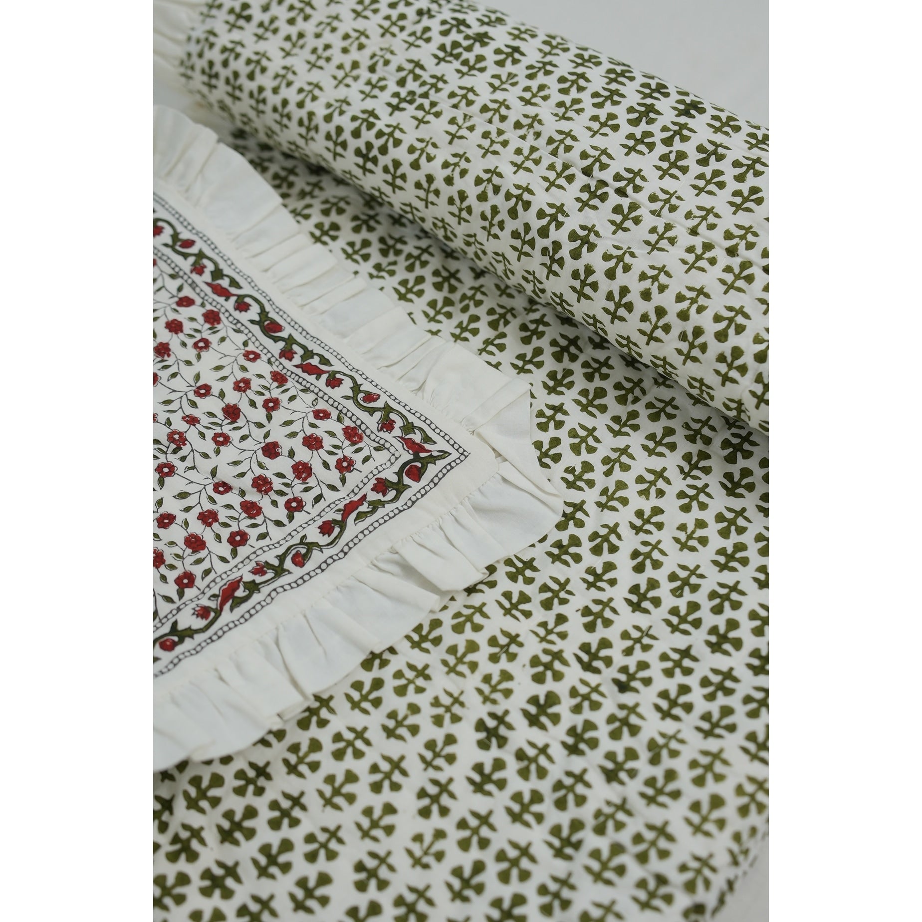 Fabdivine Handmade Cotton Quilt Green Grey Floral Block Print Reversible Layering Quilt Artisan Bedspread Heritage Textile
