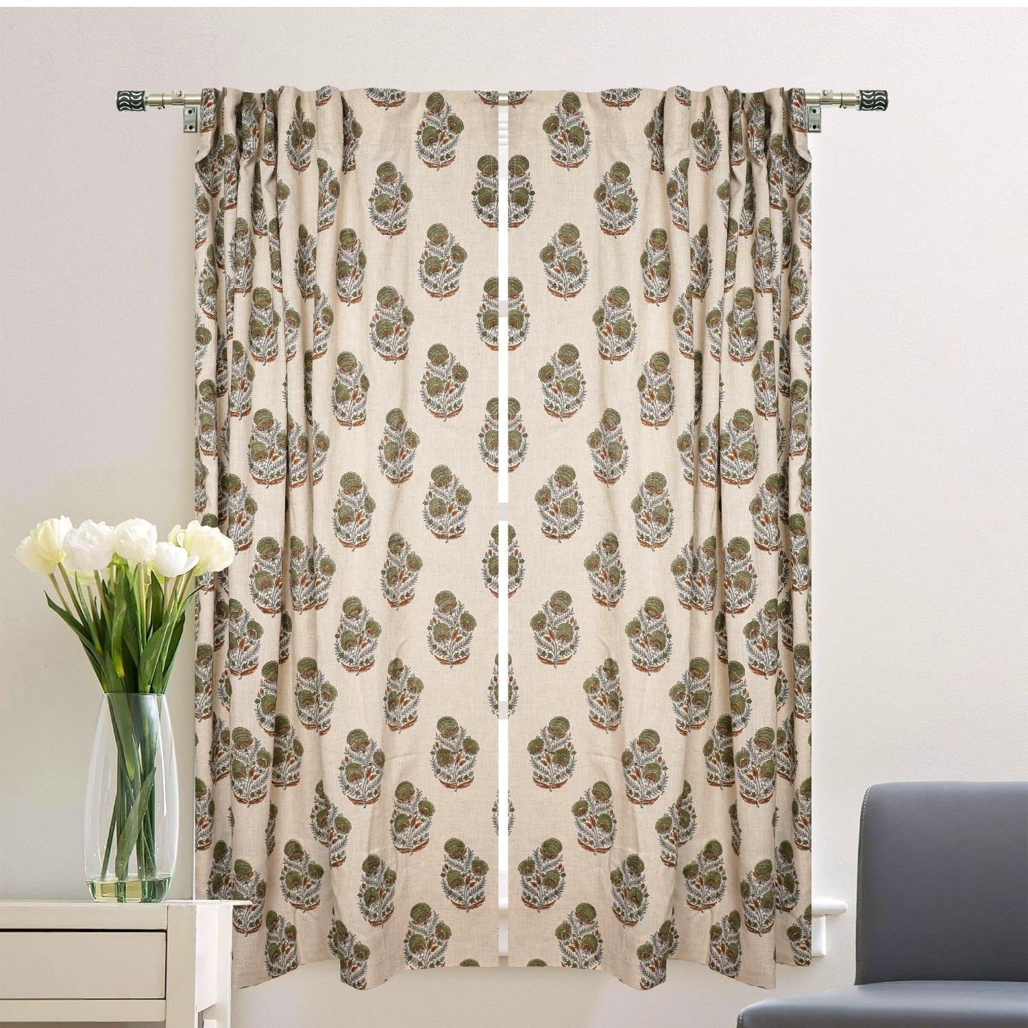 Fabdivine Handmade Floral Block Print Viscose Linen Curtain Elegant Window Door Room Decor Mohini