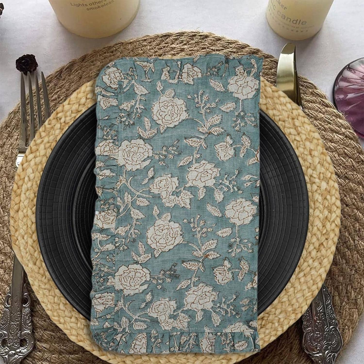 Fabdivine Handmade Floral Blue Dining Kitchen Table Linen Napkin 18X18 Inches Rameshwaram