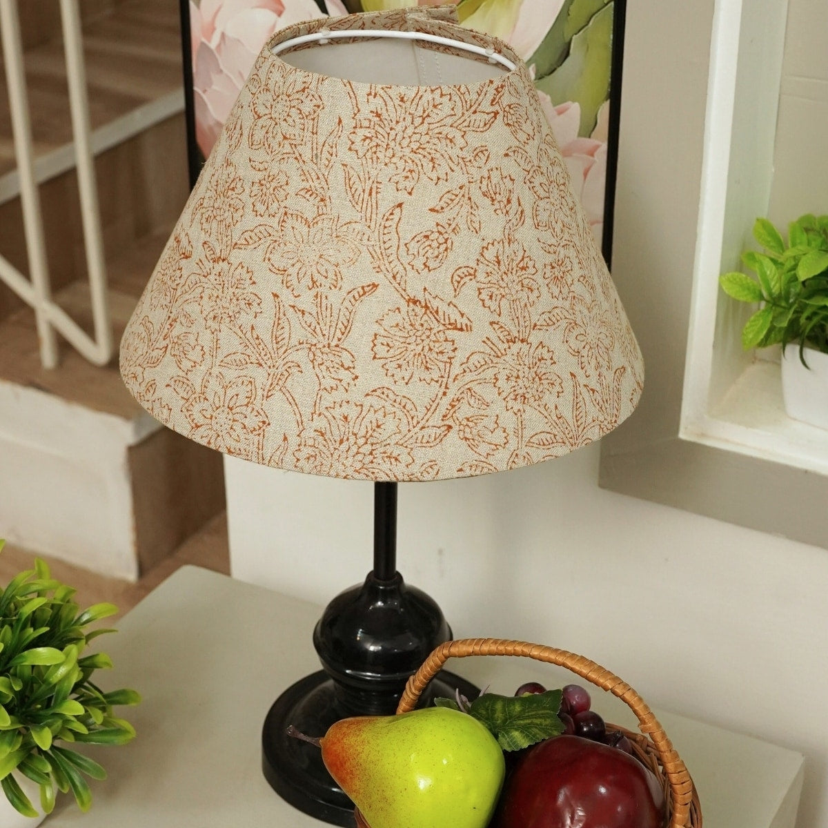 Fabdivine Jarul Handmade Brown Indian Pure Linen Block Print Lampshade Minimal Boho Table Lamp Farmhouse Decorative Lighting
