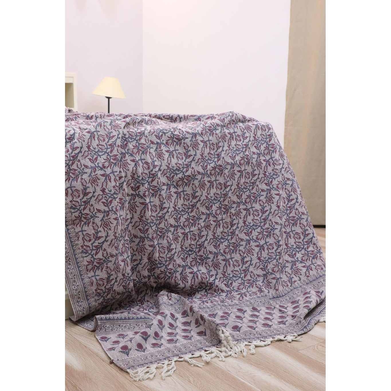 Fabdivine Kamal Dutta Handwoven Cotton Throw Blanket Floral Block Print Cozy Sofa Bed Accent With Natural Fringe 90 X54