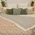 Fabdivine Luxury Hand Block Print Cotton Quilt Both Side Printed Green White Floral Double Sided Reversible Bedspread For Decor