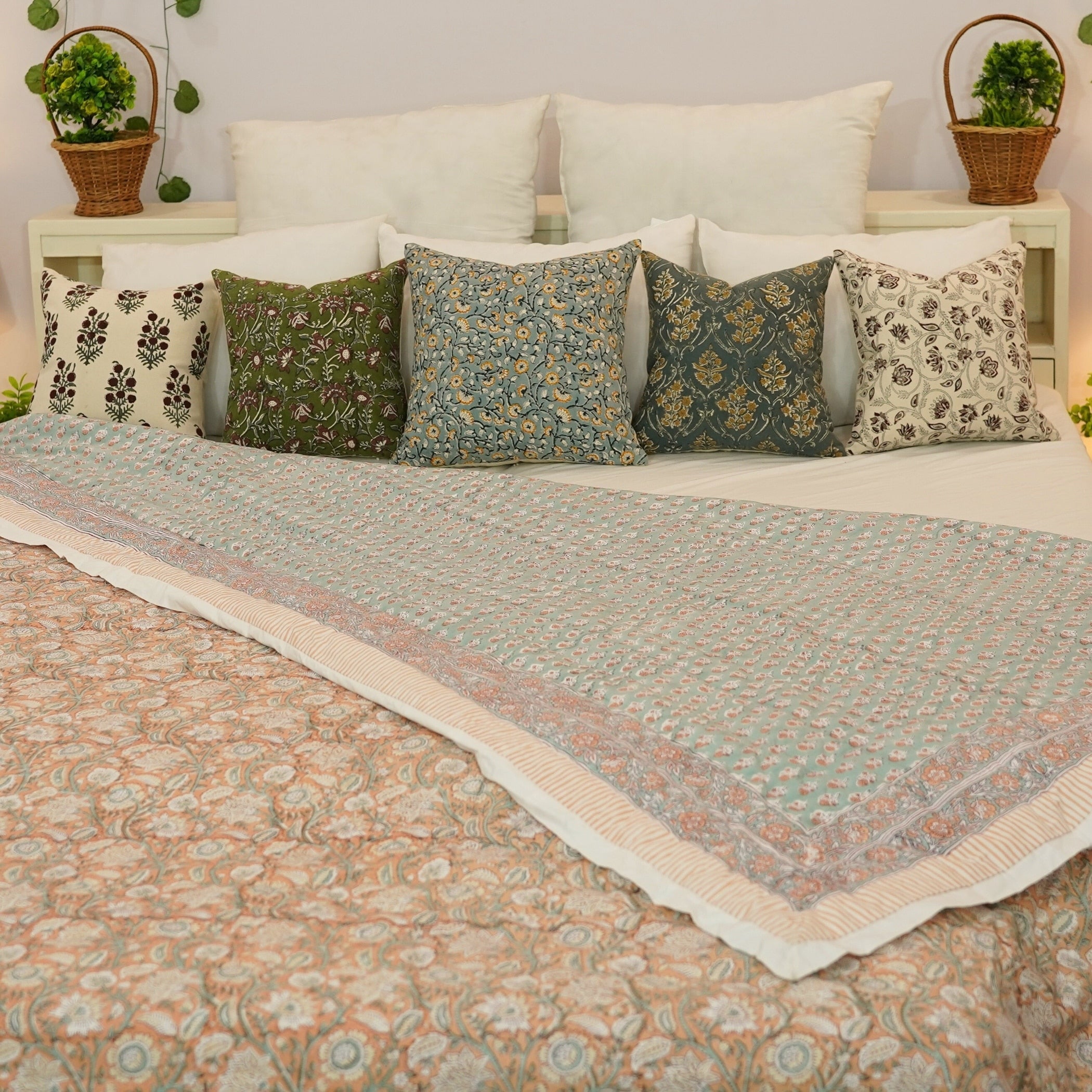 Fabdivine Luxury Hand Block Print Cotton Quilt Both Side Printed Green White Floral Double Sided Reversible Bedspread For Decor