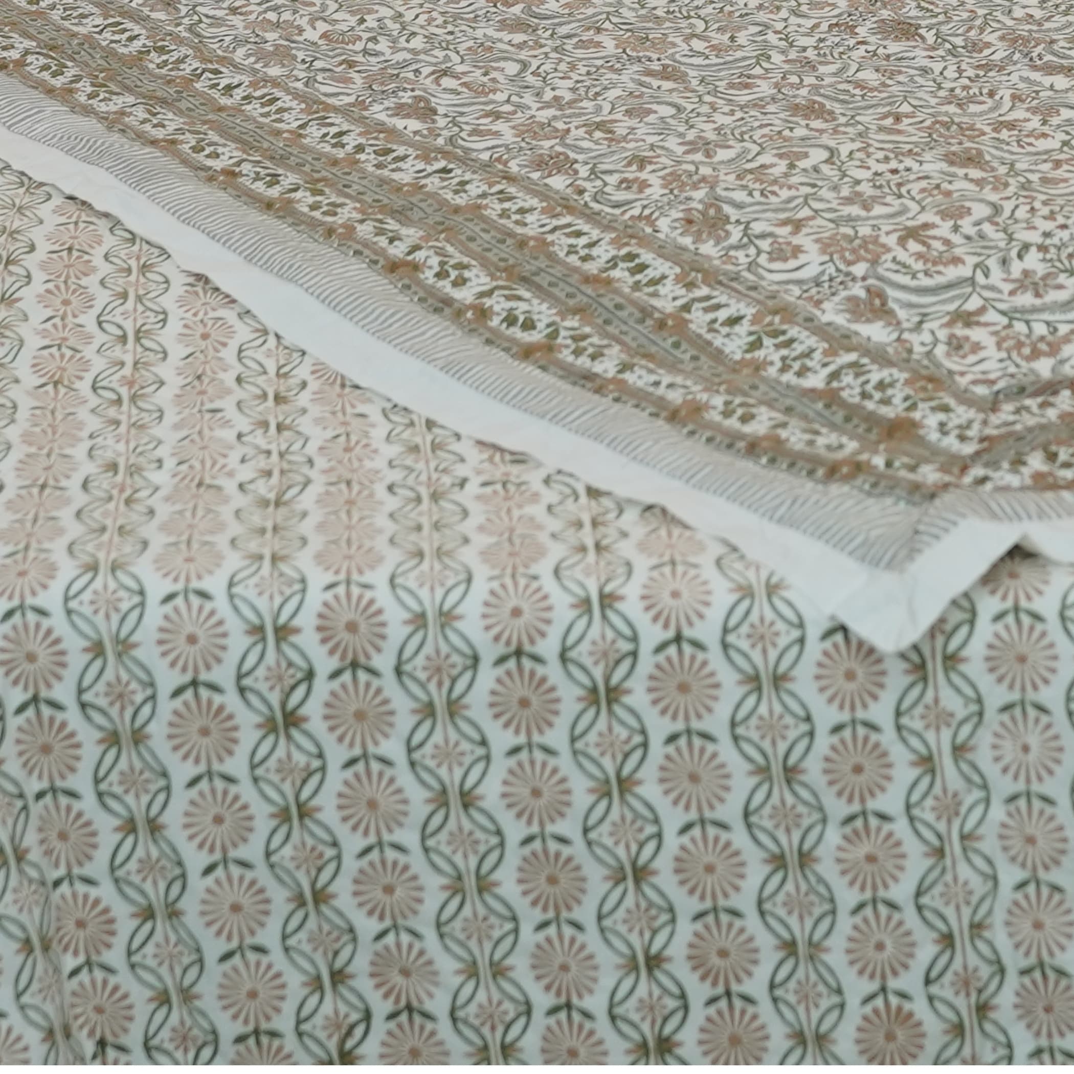 Fabdivine Luxury Hand Block Print Cotton Quilt Floral Boho Bedding For Bedroom Sofa Green Gray Handmade Reversible Bedspread