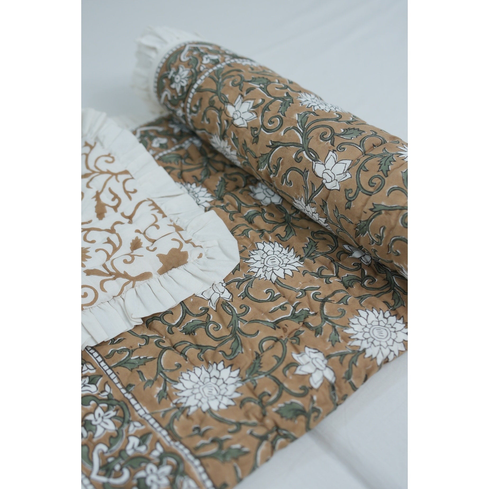Fabdivine Luxury Hand Block Print Cotton Quilt Floral Boho Bedding For Bedroom Sofa Mustard Handmade Reversible Bedspread