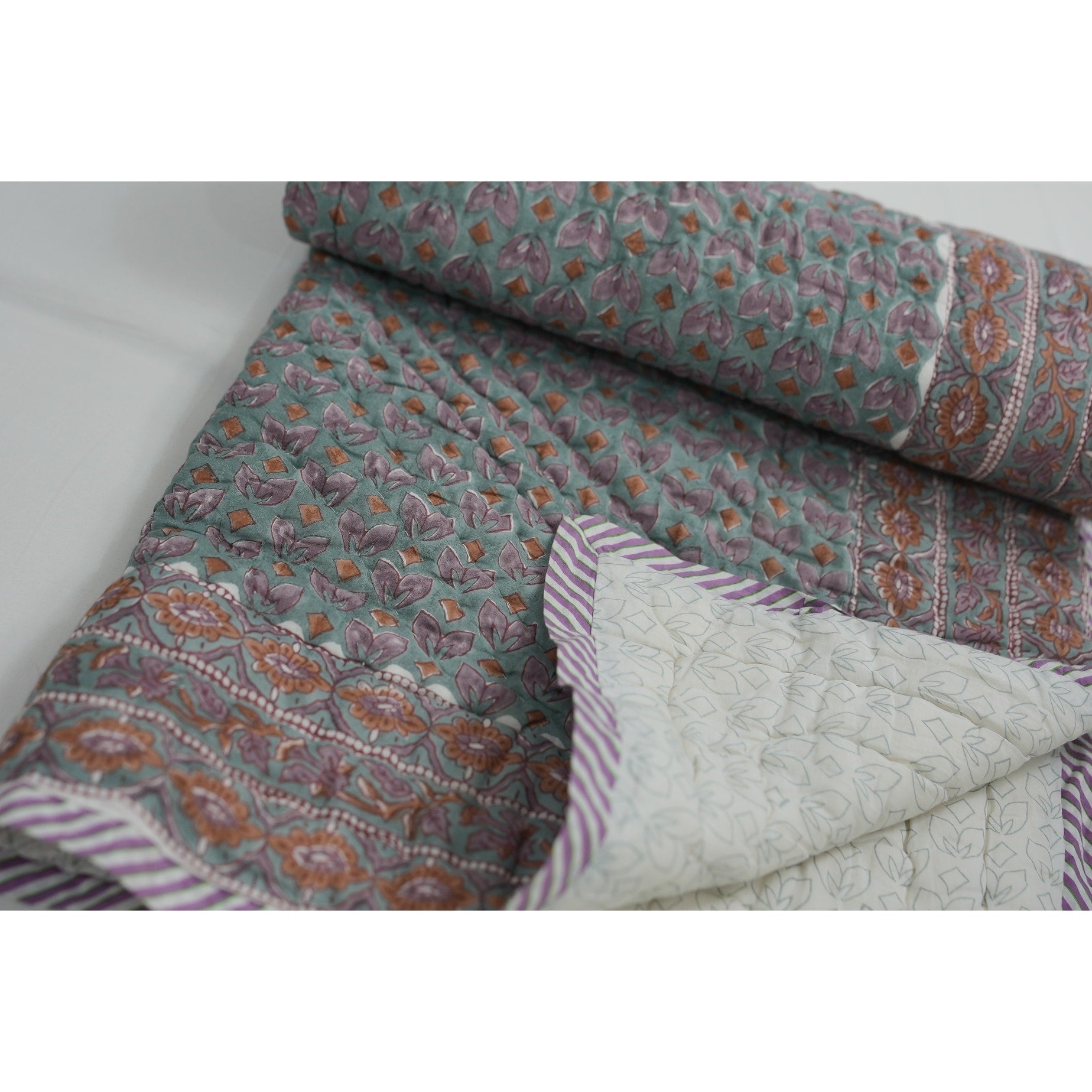Fabdivine Luxury Hand Block Print Cotton Quilt Floral Boho Bedding For Bedroom Sofa Pink Brown Handmade Reversible Bedspread