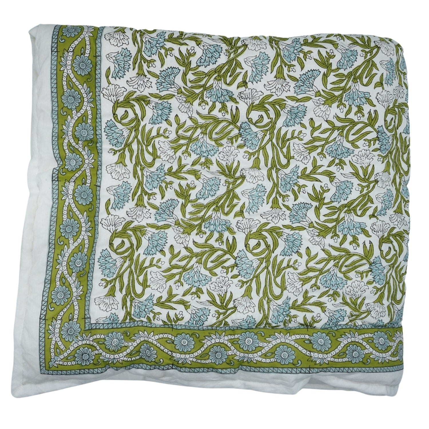 Fabdivine Luxury Hand Block Printed Cotton Quilt Hand Stitched Thorny Stems Blue Green Reversible Bedspread For Bedroom D Cor