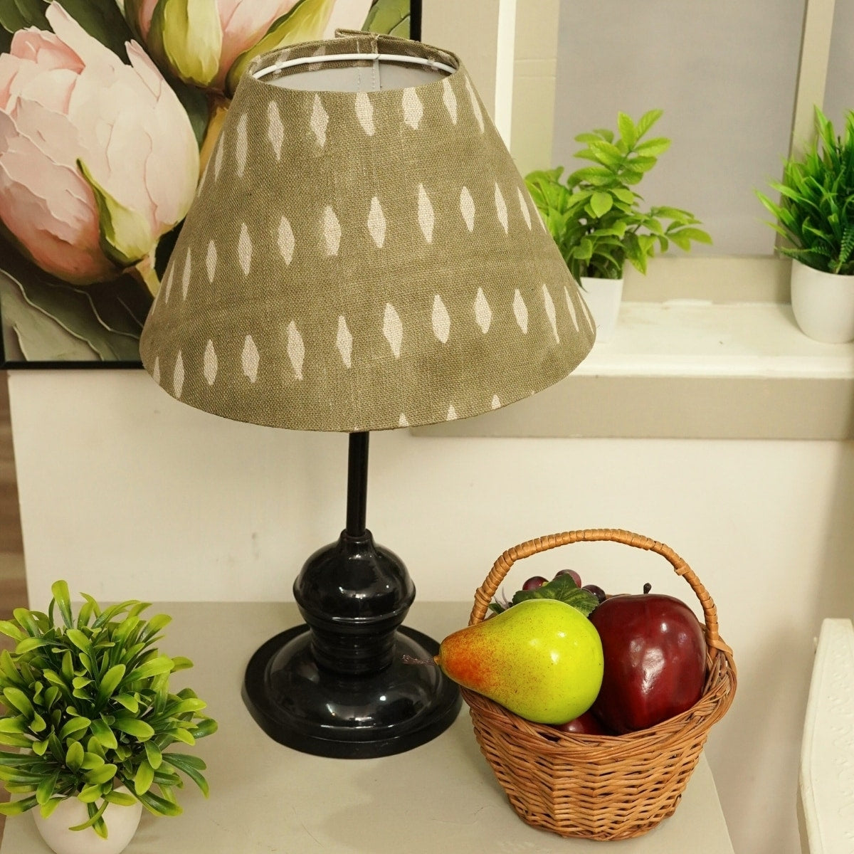 Fabdivine Omji Handmade Thick Linen Green Boho Block Print Lampshade Eco Friendly Table Lamp Cover Decor For Living Room