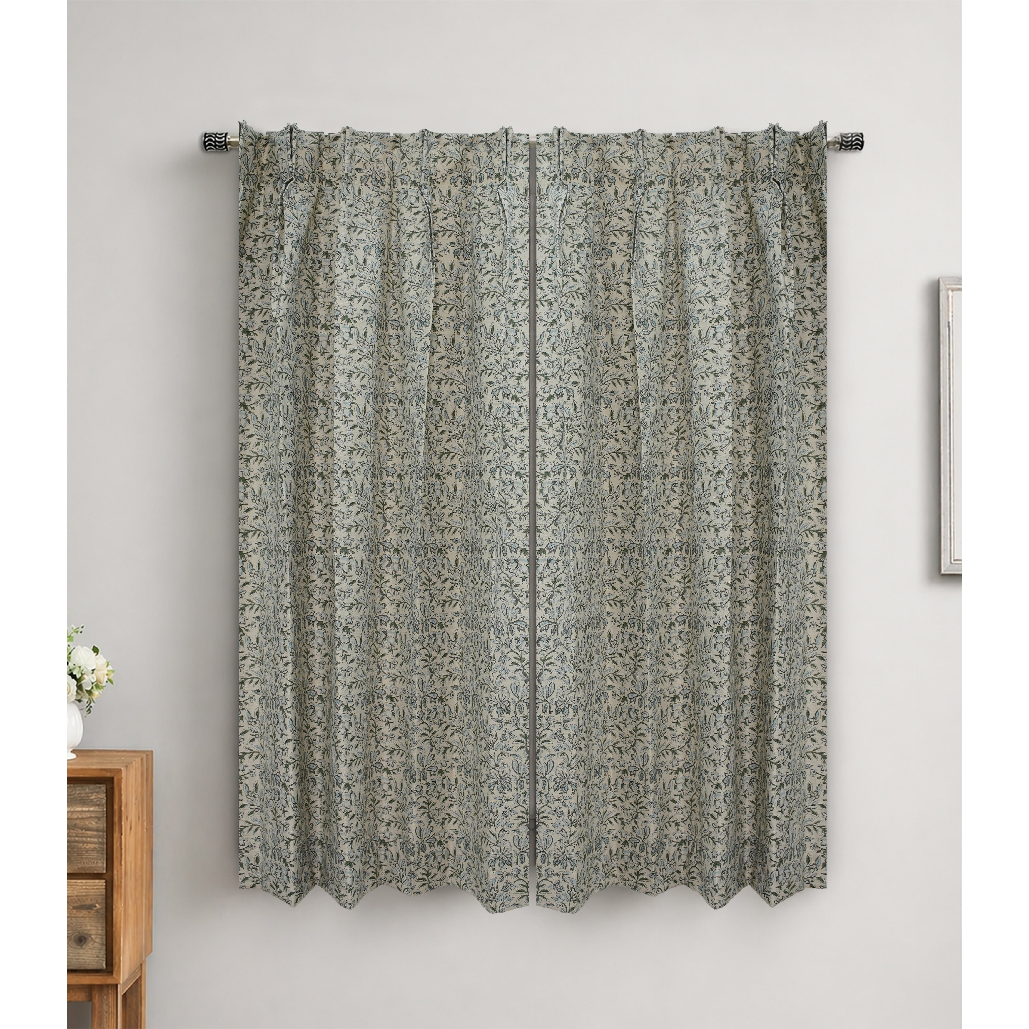 Fabdivine Qudrat Gray Blue Linen Block Print Curtains Handmade Pleated Light Filtering Window Drapes