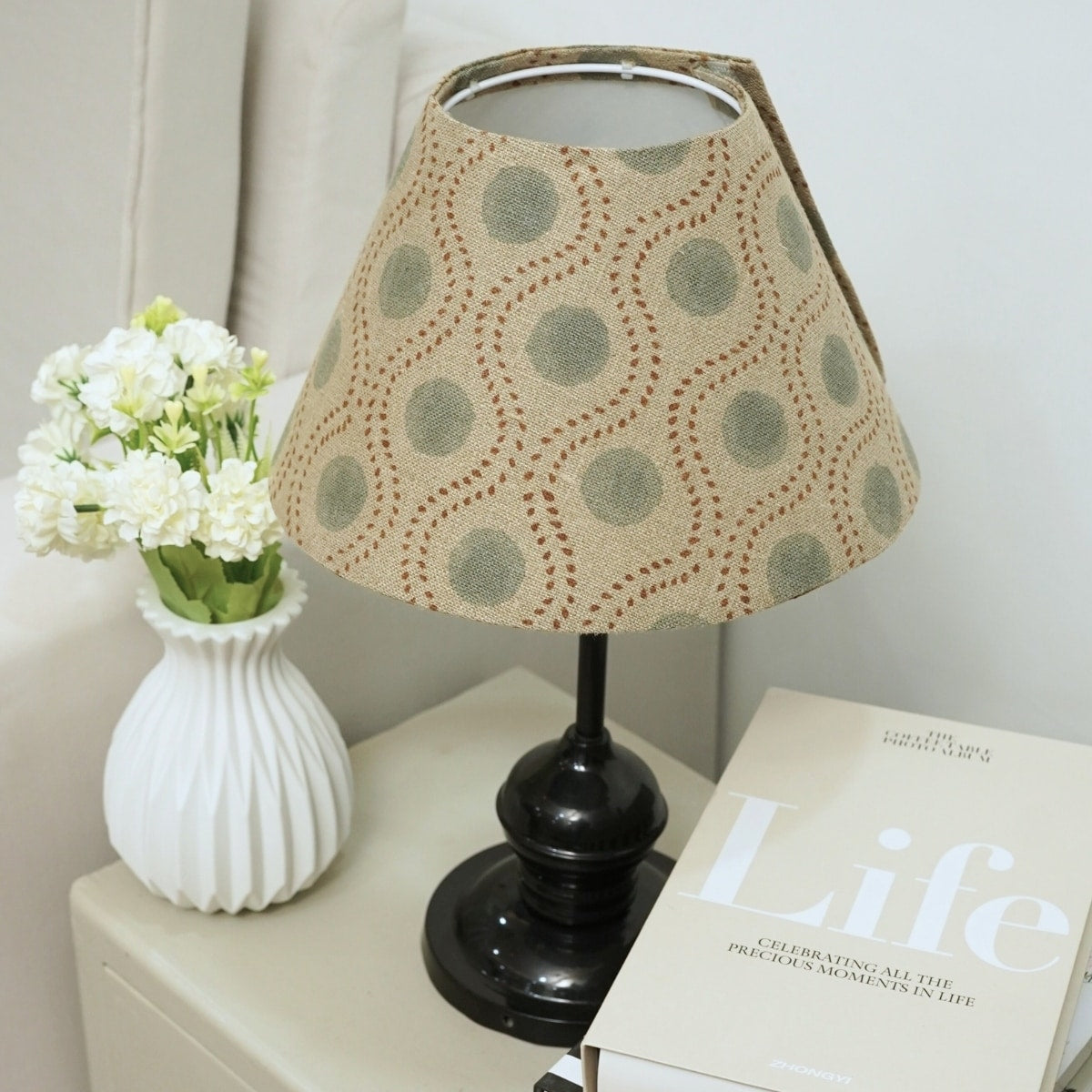 Fabdivine Raajbhog Handmade Ethnic Linen Blend Indian Printed Gray Lampshade Farmhouse Table Lamp For Living Room