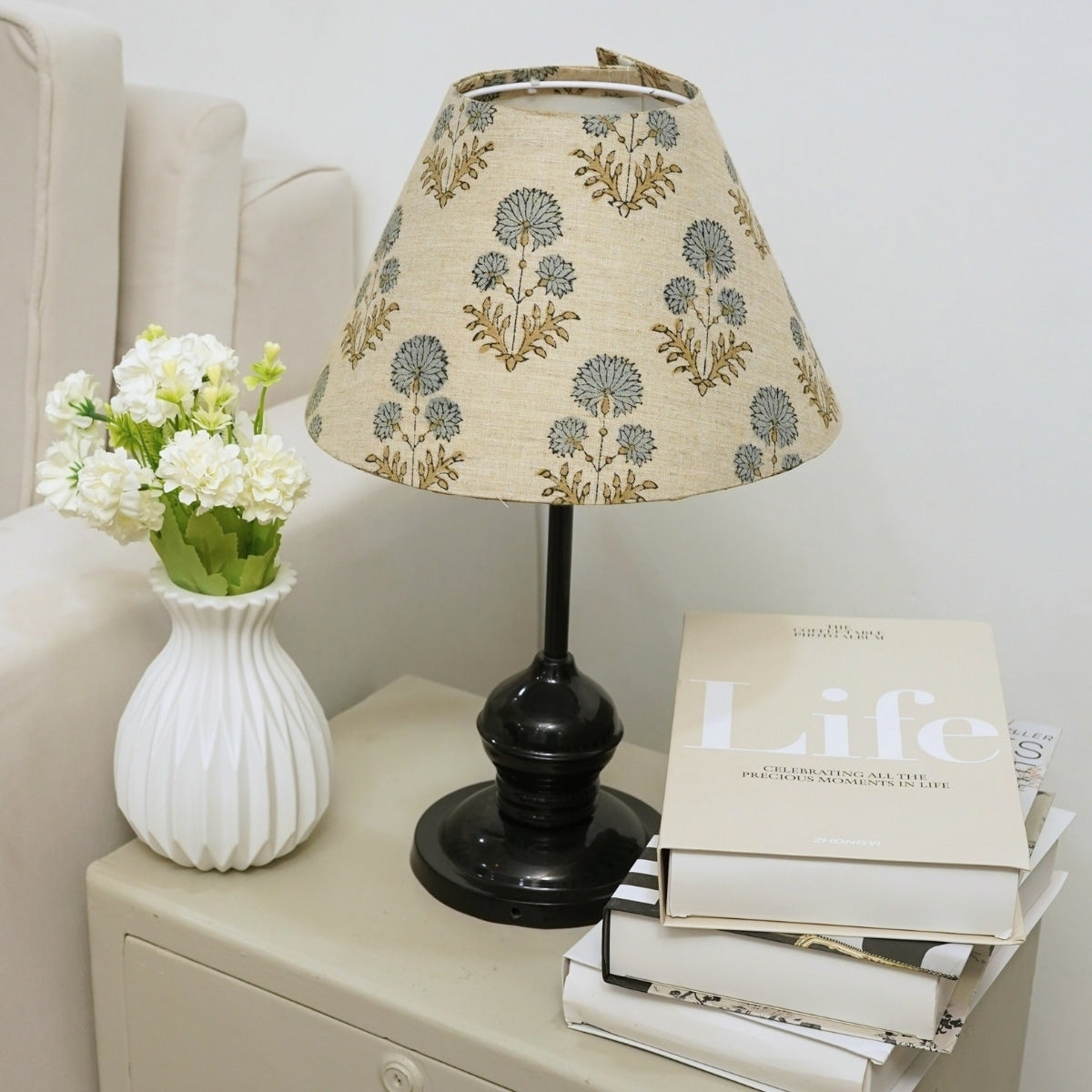 Fabdivine Rishi Handmade Indian Linen Blend Floral Block Print Lampshade Ethnic Vintage Table Lamp For Bedroom