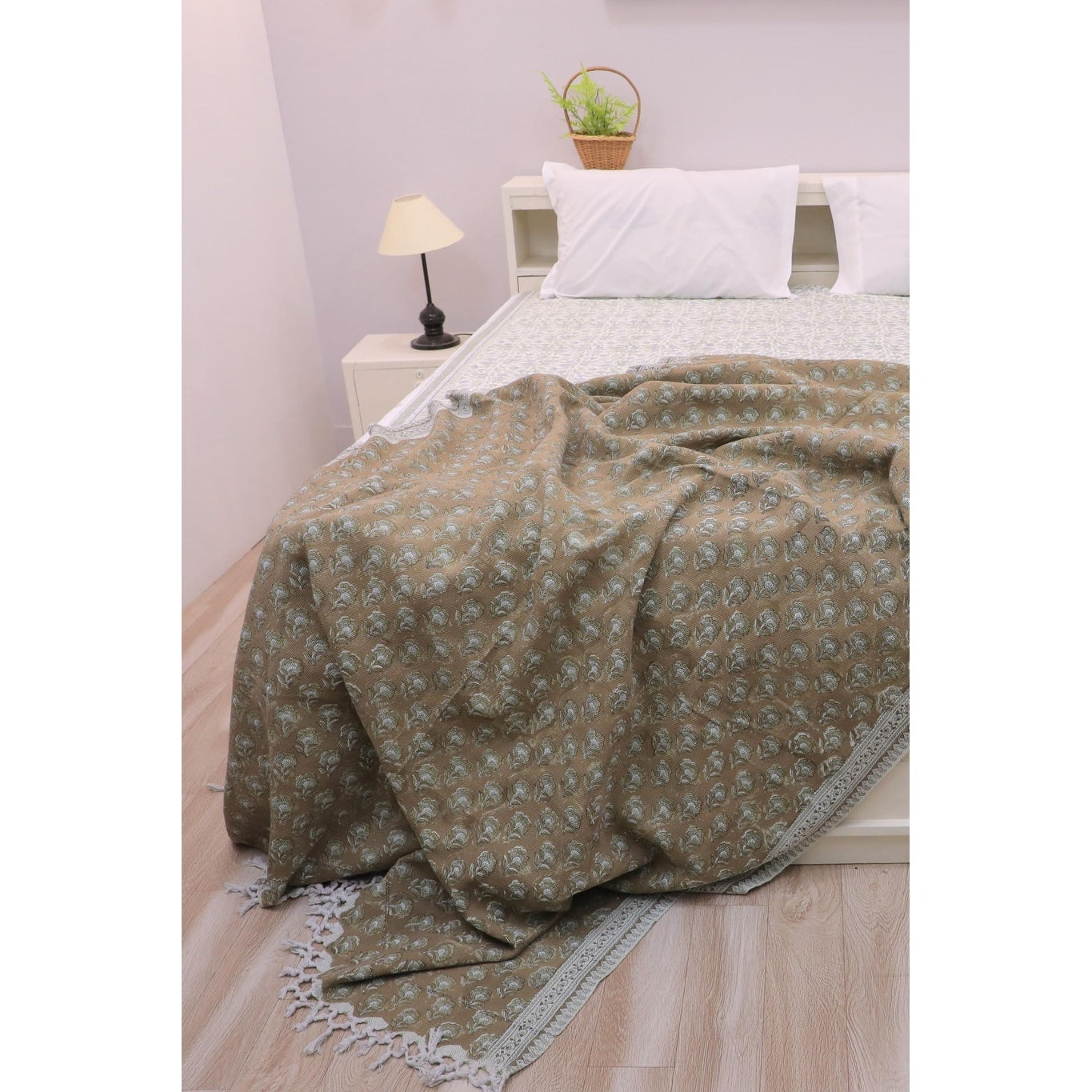 Fabdivine Rohini Handwoven Cotton Throw Blanket Floral Block Print Decorative Home Accent With Artisan Fringe 90 X 54