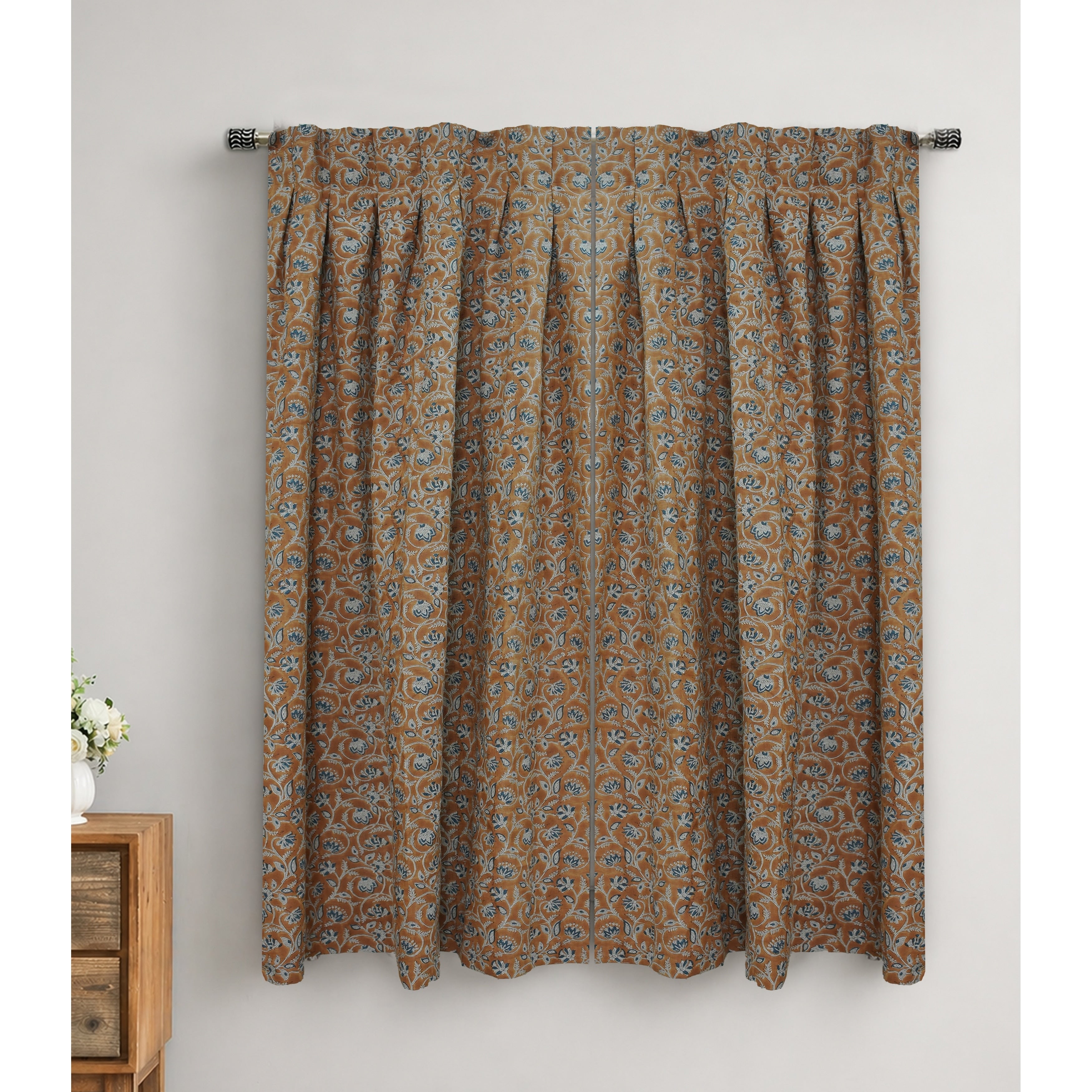 Fabdivine Saraswati Floral Linen Drapes Brown Blue Hand Block Printed Luxury Pleated Curtains