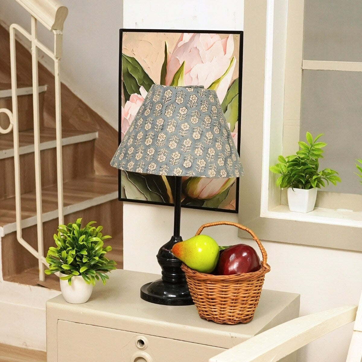 Fabdivine Tulsi Buti Handmade Floral Block Print Duck Canvas Lampshade Blue Table Lampshade For Home Decor Ethnic Boho Accent