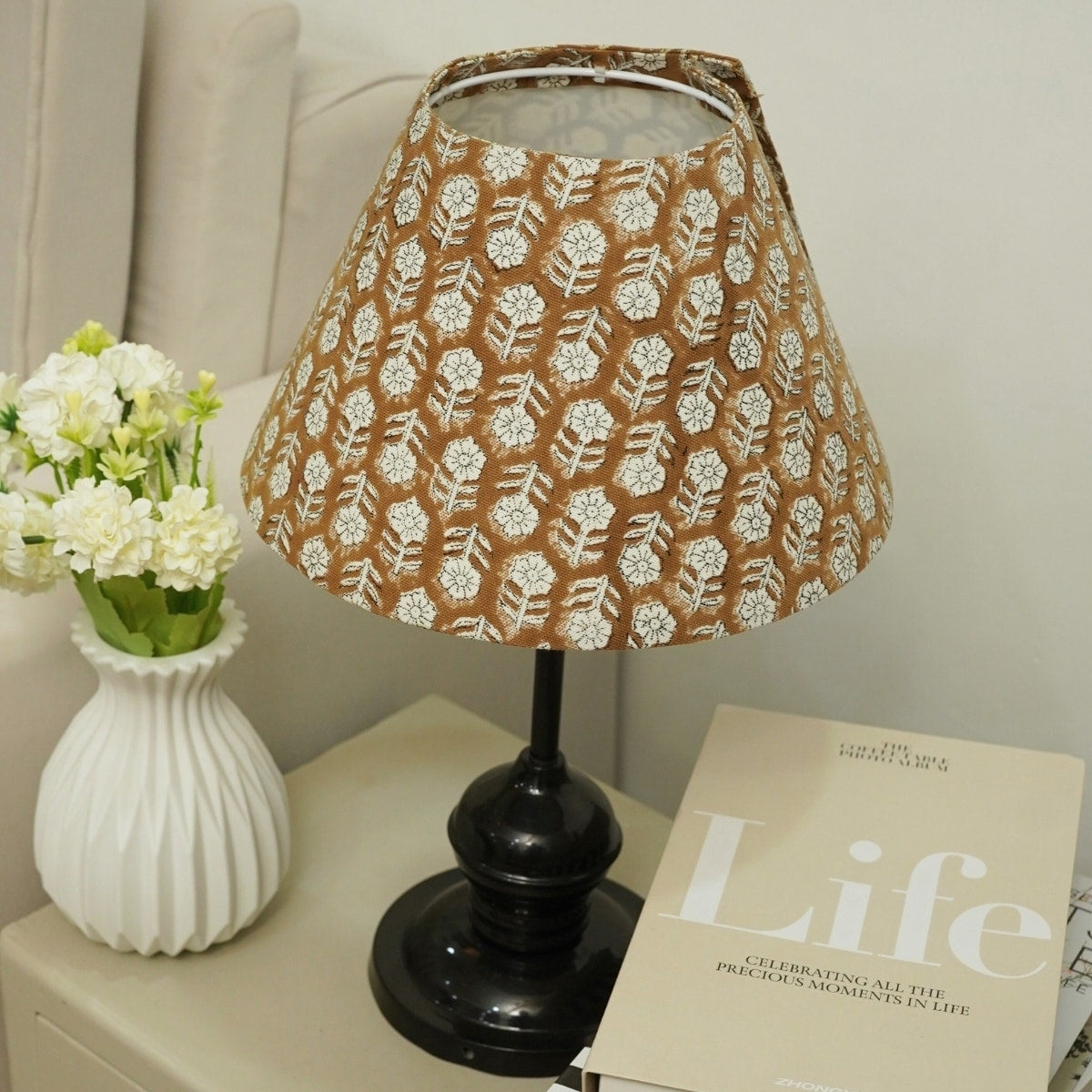 Fabdivine Tulsi Buti Handmade Thick Cotton White Floral Block Print Lampshade Rustic Table Lamp For Soft Ambient Lighting