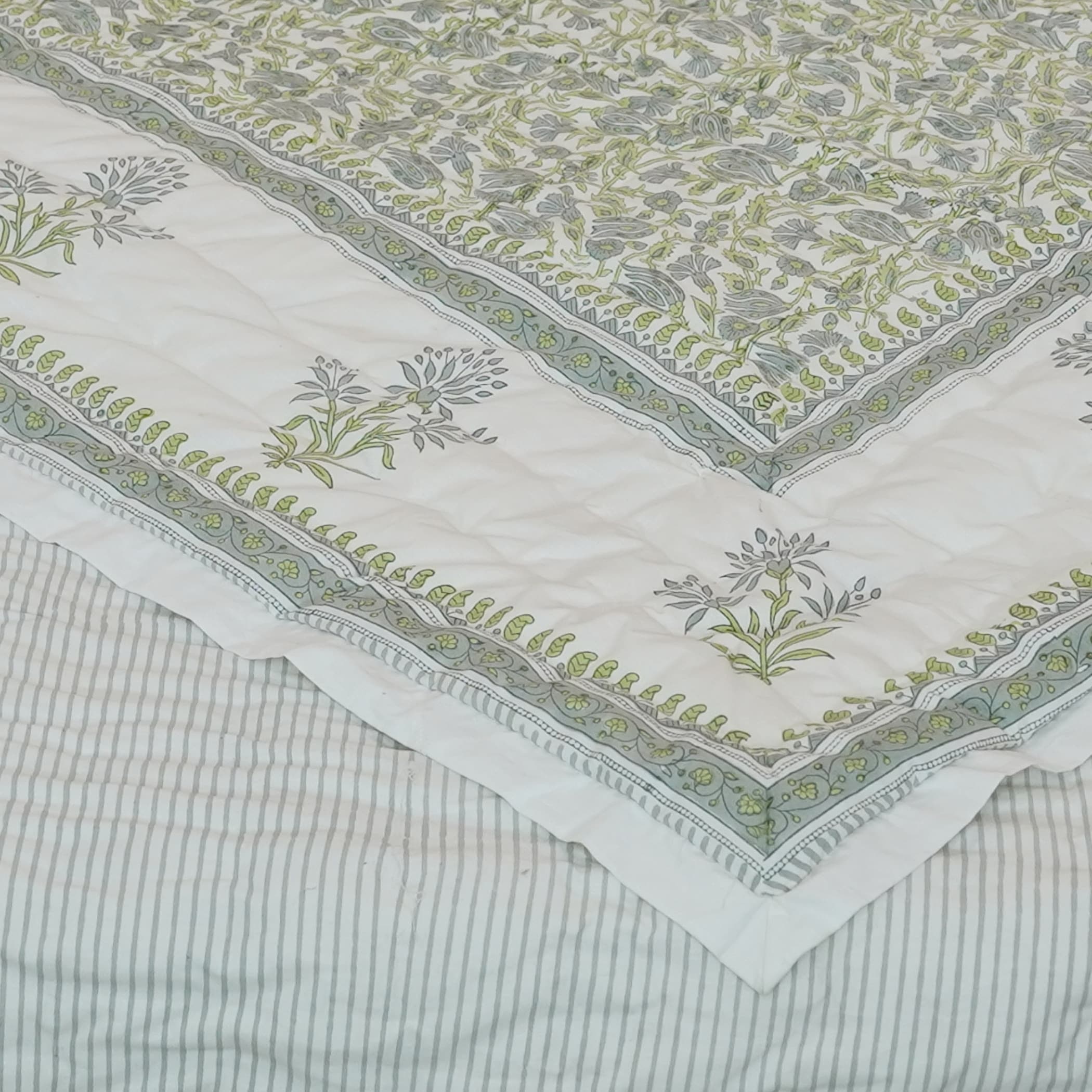 Fabdivine Vegetable Dyed Hand Block Print Cotton Quilt Blue Green Floral Eco Friendly Artisan Bedding Reversible Bedspread