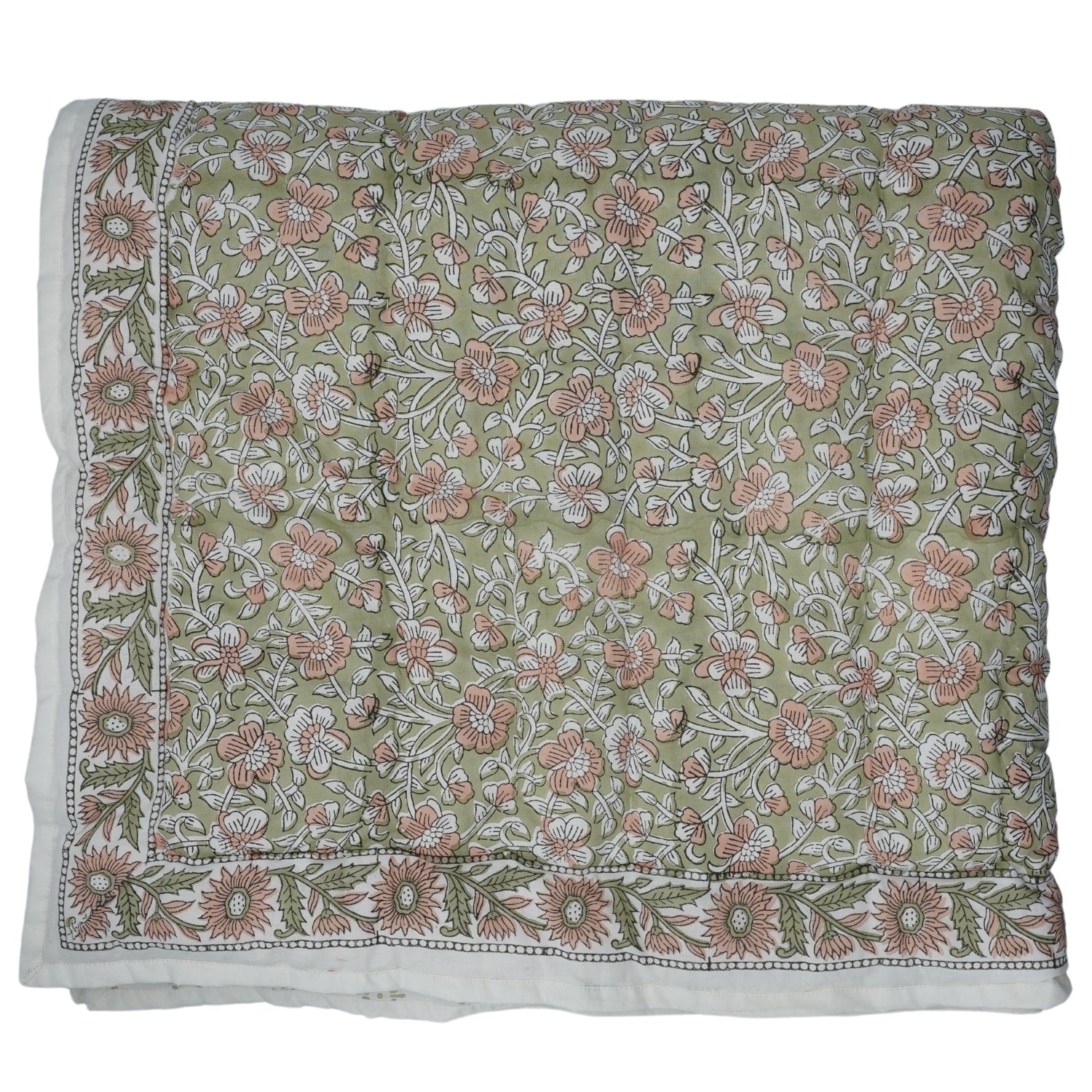 Fabdivine Vintage Hand Block Print Cotton Quilt Bohemian Bedroom D Cor Saundrya Green Brown Handmade Reversible Bedspread