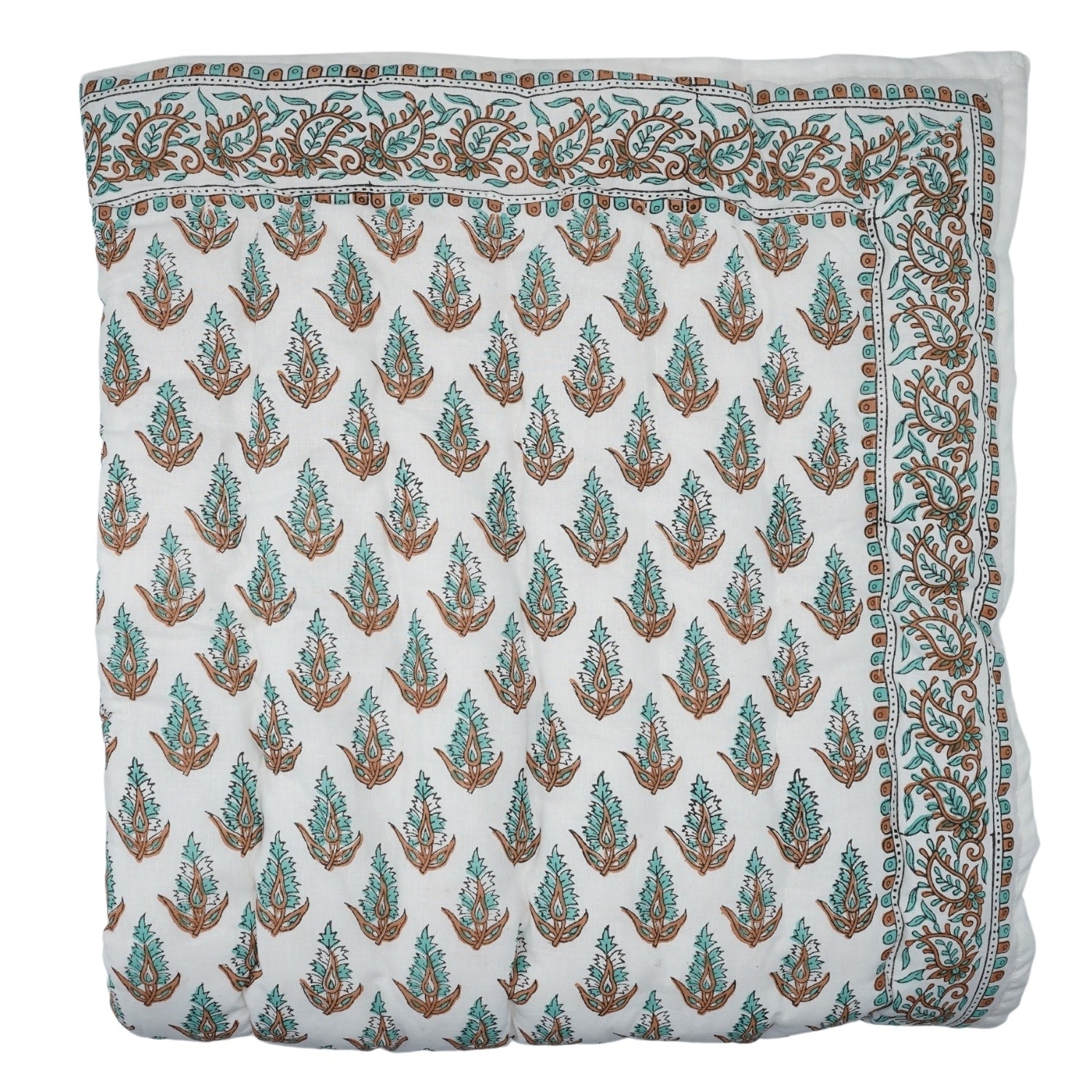 Fabdivine Vintage Hand Block Print Cotton Quilt Boho Bedroom D Cor Kanak Buti Green Light Blue Handmade Reversible Bedspread