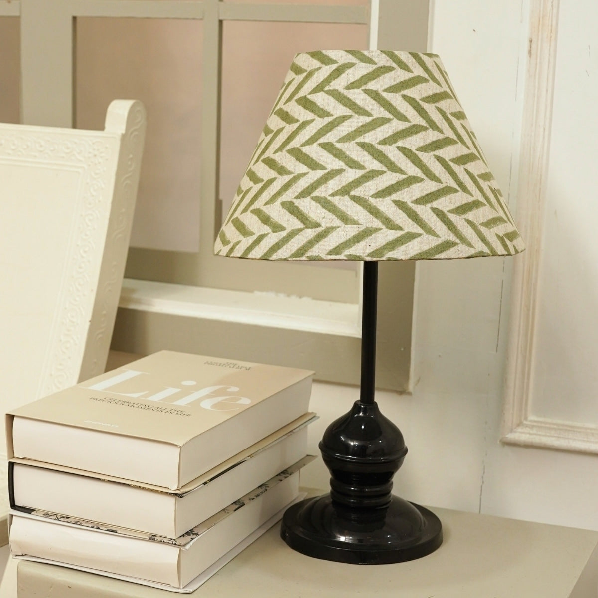 Fabdivine Viscose Linen Handmade Green Block Print Lamp Shade Ethnic Indian Table Lamp For Living Room Boho Artisan Lighting