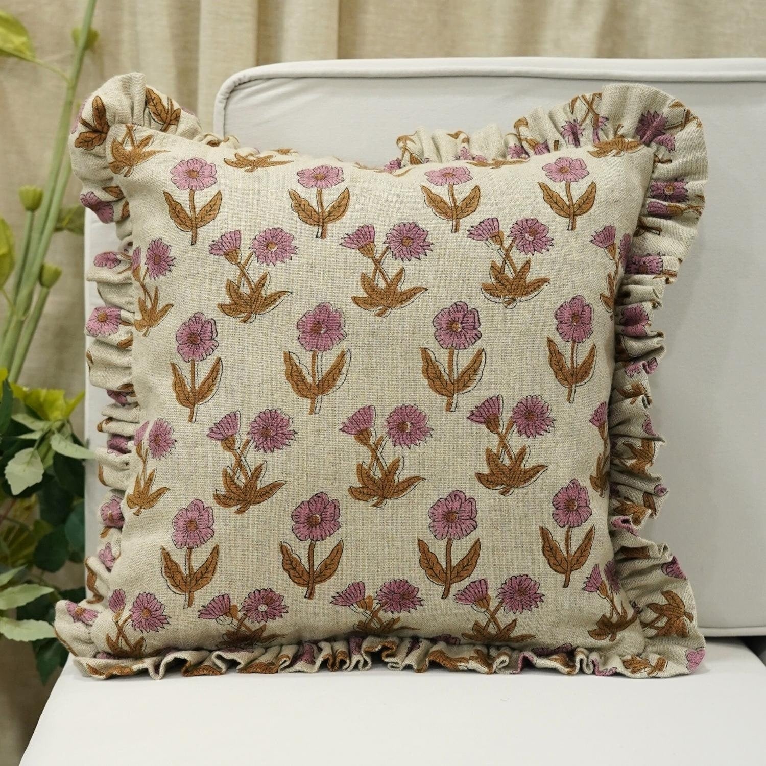 Fabdvine Handmade Block Print Thick Linen Throw Frill Pink Floral Pillow Cover Kirti
