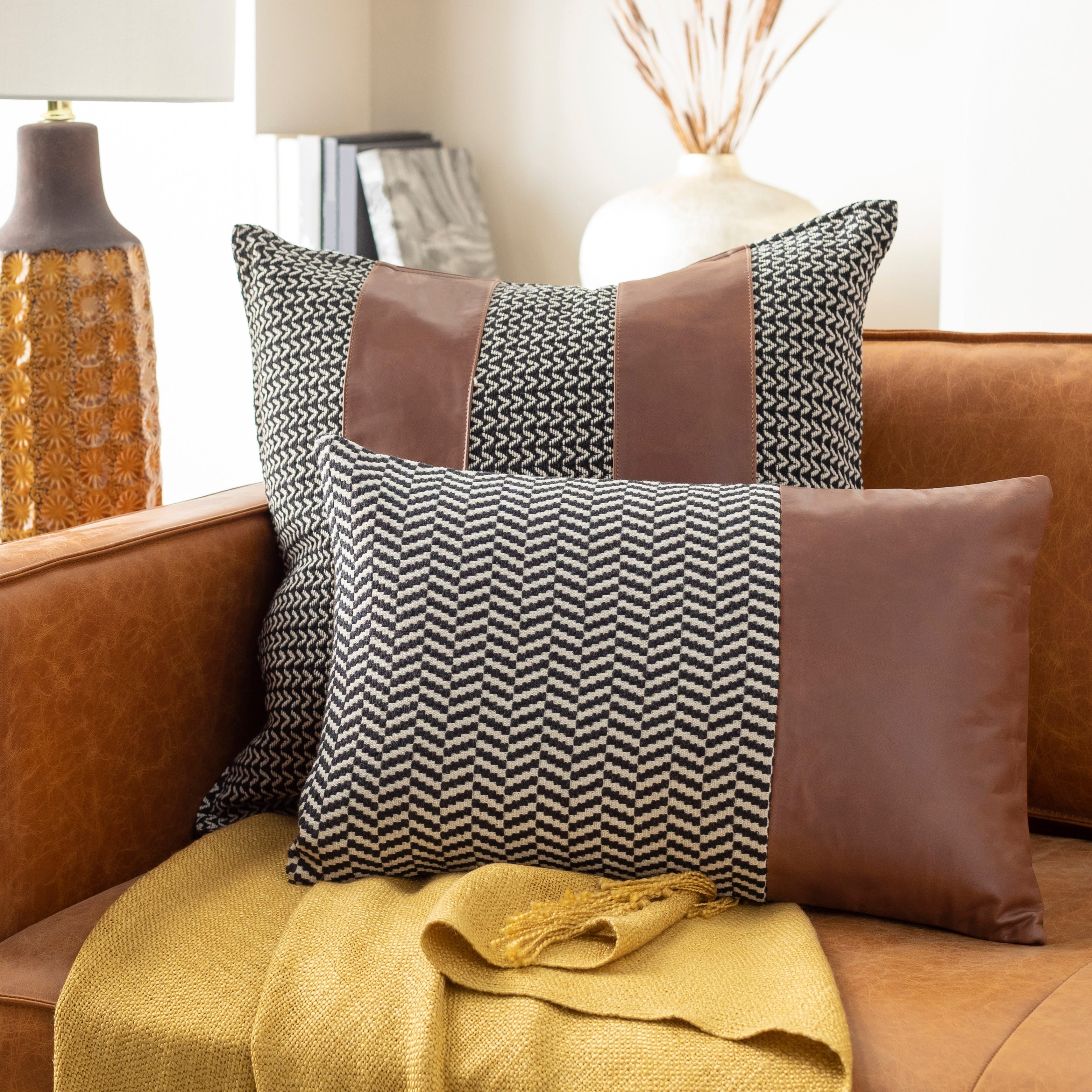 Fabiola Leather Striped Modern 13X20 Inch Lumbar Throw Pillow