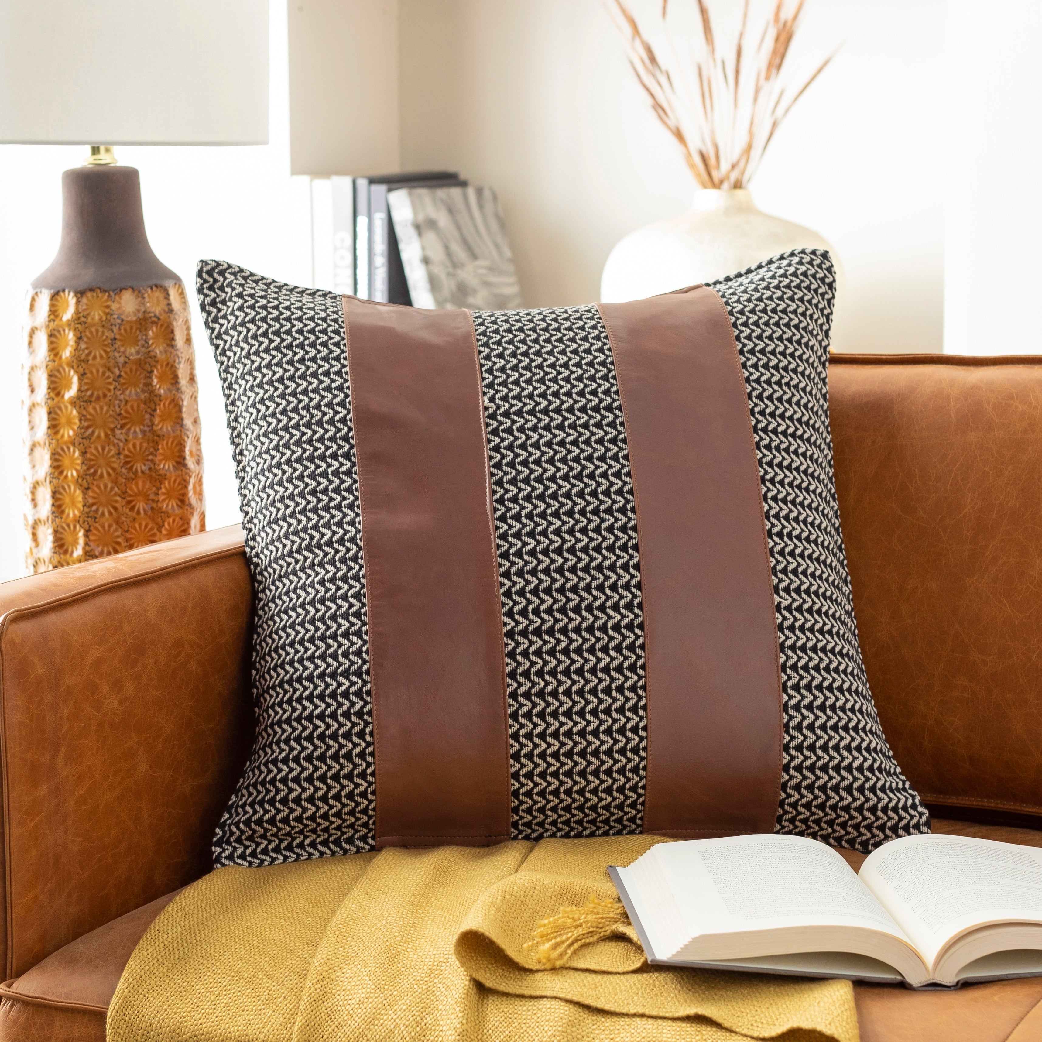 Fabiola Leather Striped Modern 20 Inch Throw Pillow