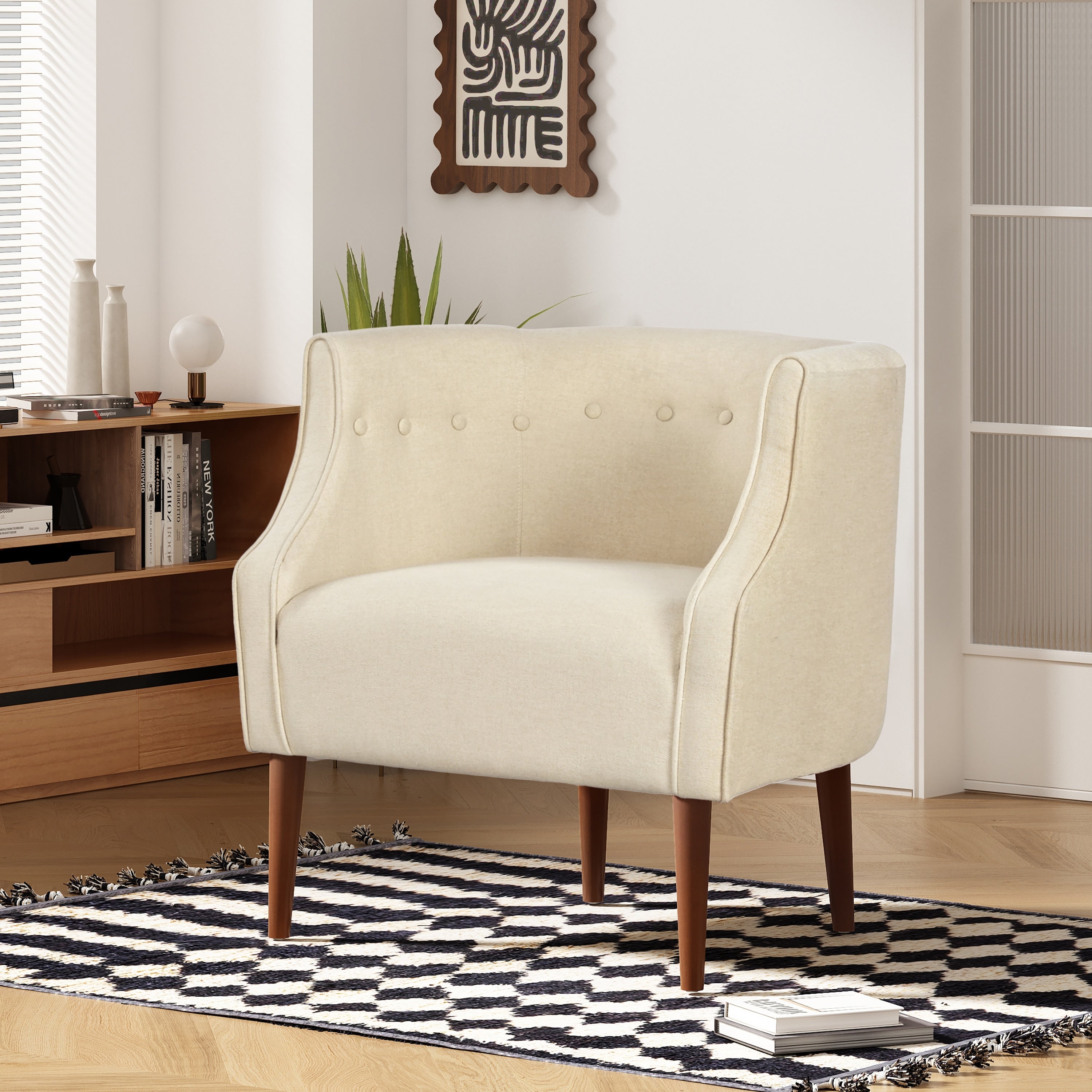 Fabric Club Chair Side Chair Reception Chair Office Chair Beige Padded Chair Leisure Chair With Wood Legs