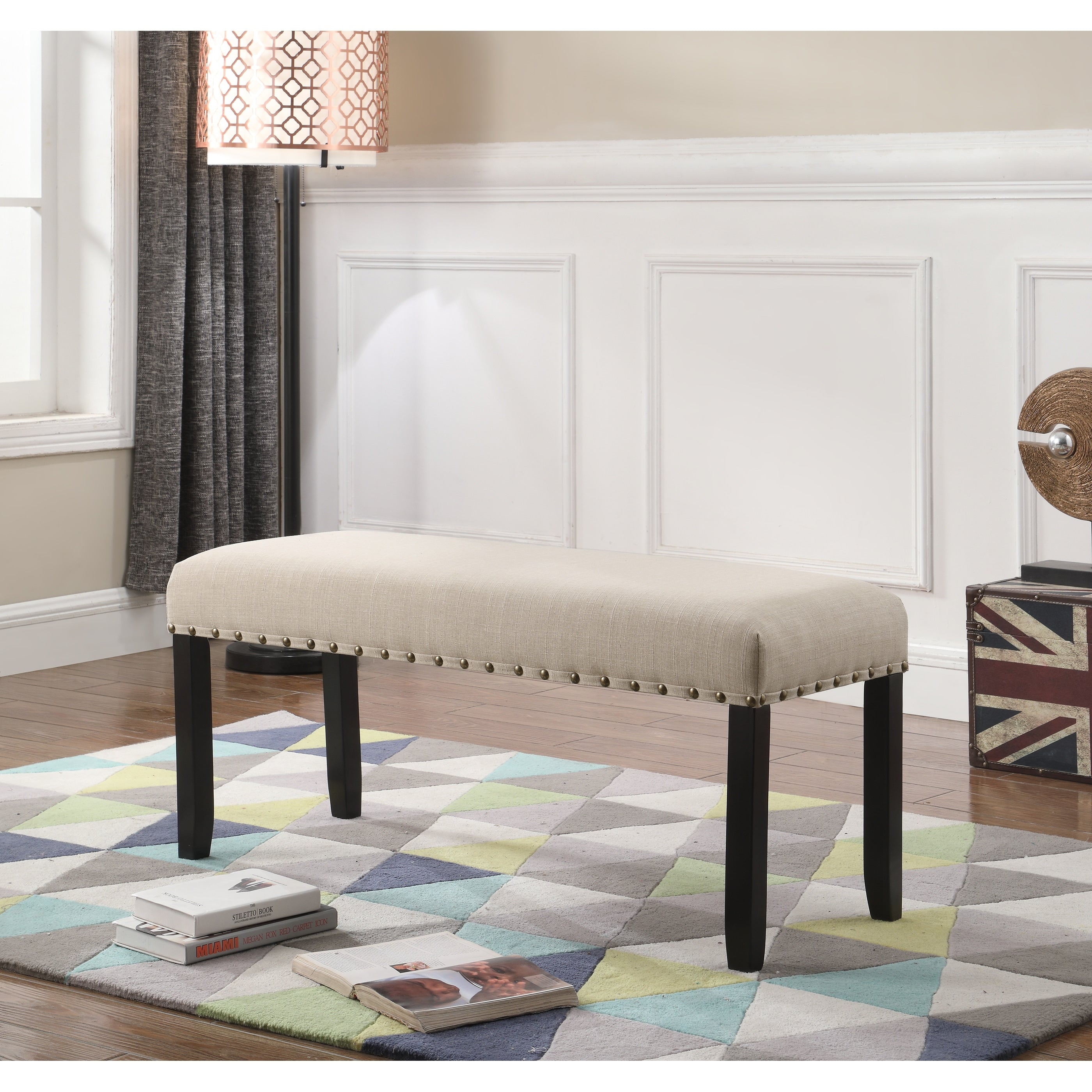 Fabric Dining Bench With Nailhead Trim And Solid Hardwood Legs