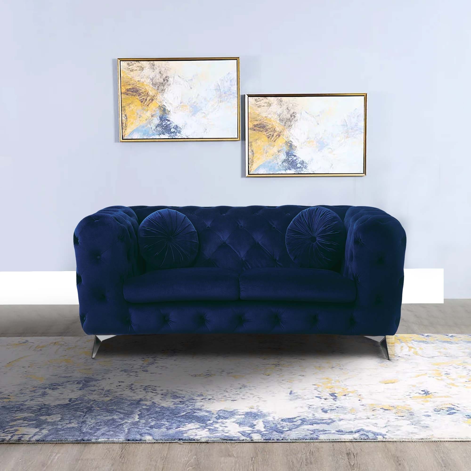 Fabric Loveseat With Chesterfield Design And Angled Metal Legs Blue