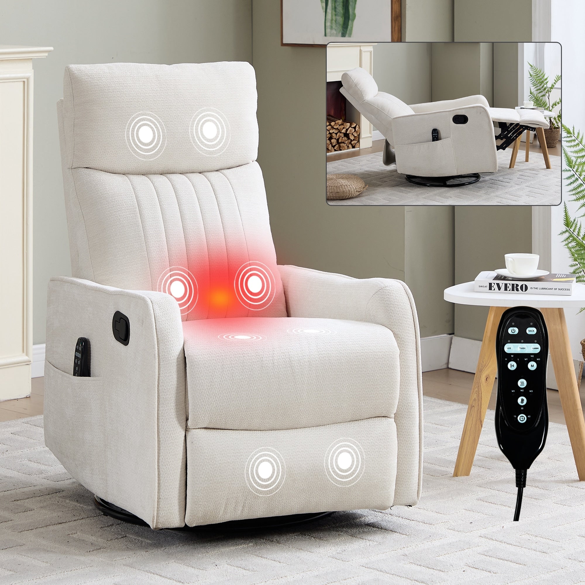 Fabric Recliner Chair With Massage Heat Rocker And 360 Degree Swivel