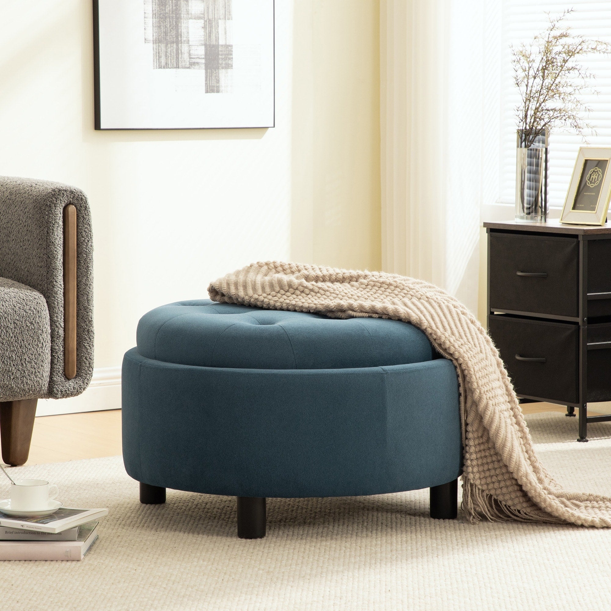 Fabric Storage Ottoman With Reversible Lid And Buckle Design Footstool