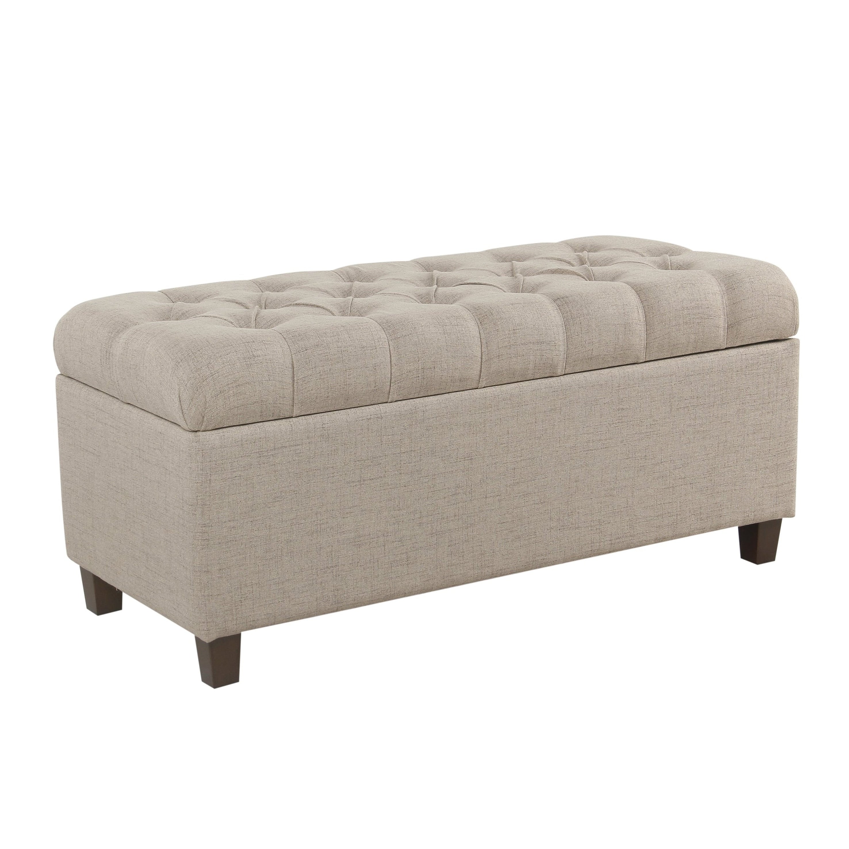 Fabric Upholstered Button Tufted Wooden Bench With Hinged Storage Beige And Brown
