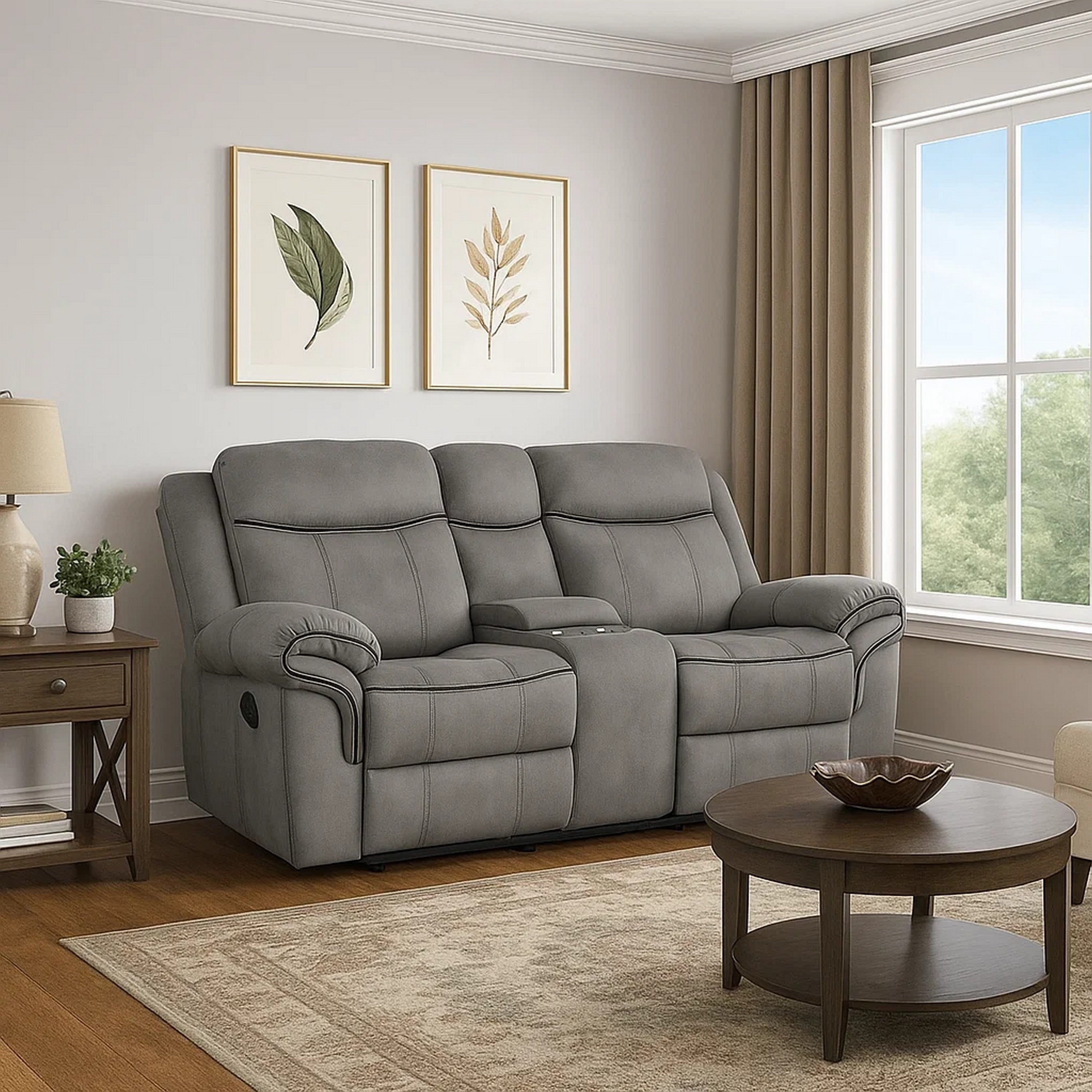 Fabric Upholstered Metal Reclining Loveseat With Center Console Gray