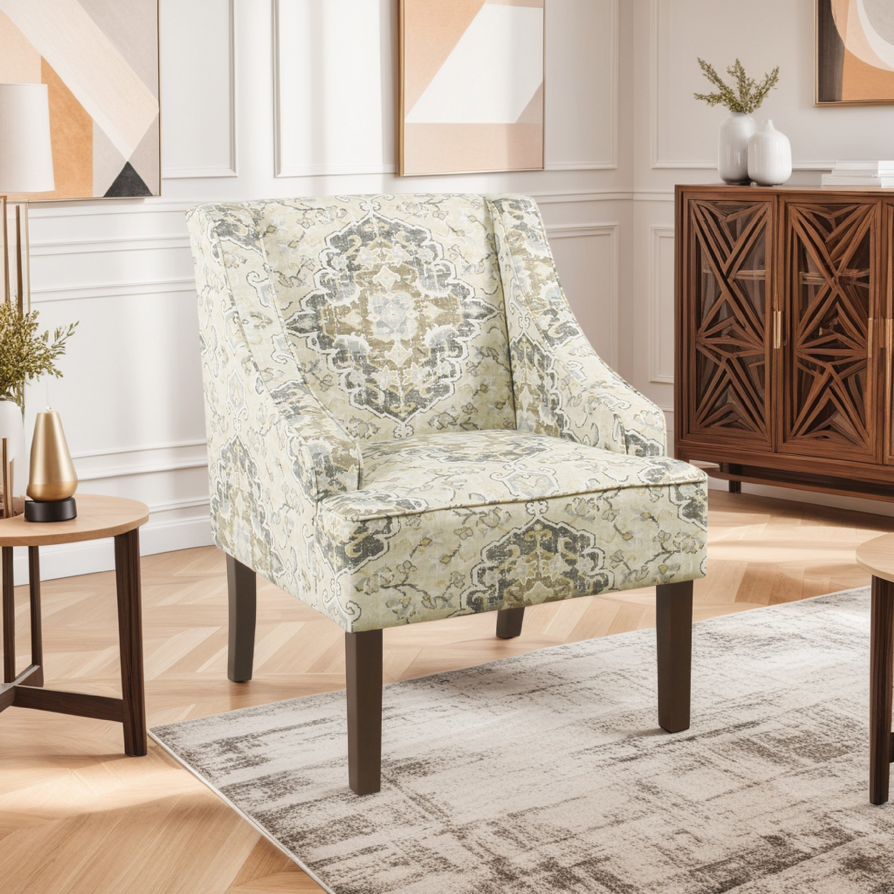 Fabric Upholstered Wooden Accent Chair With Swooping Armrests Multicolor