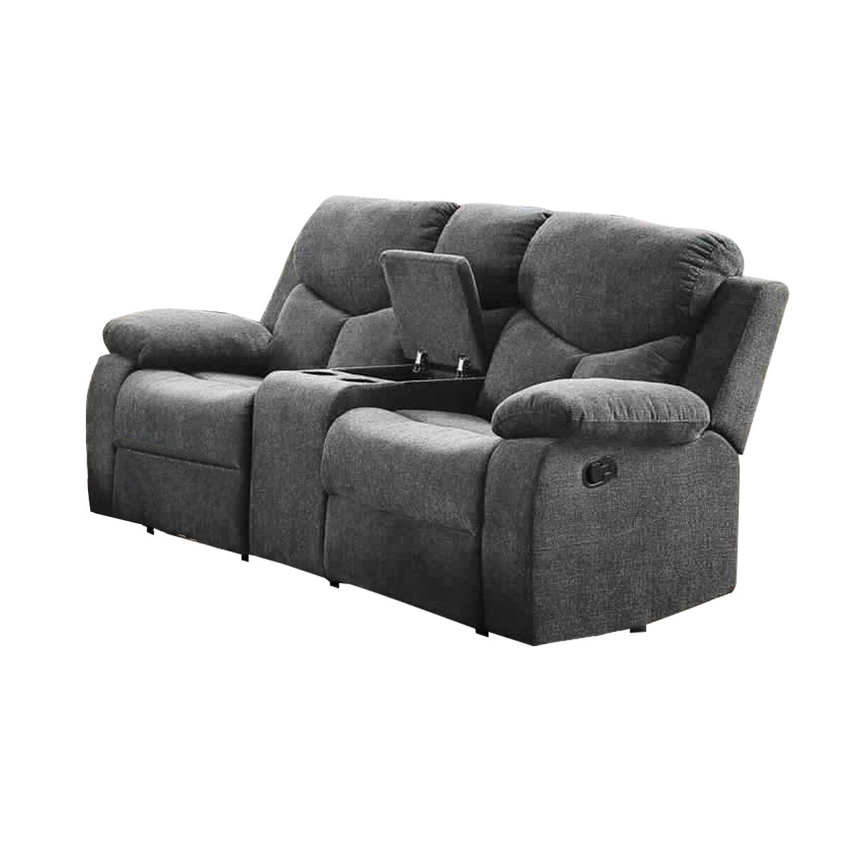 Fabric Wrapped Motion Loveseat With Storage Console Gray