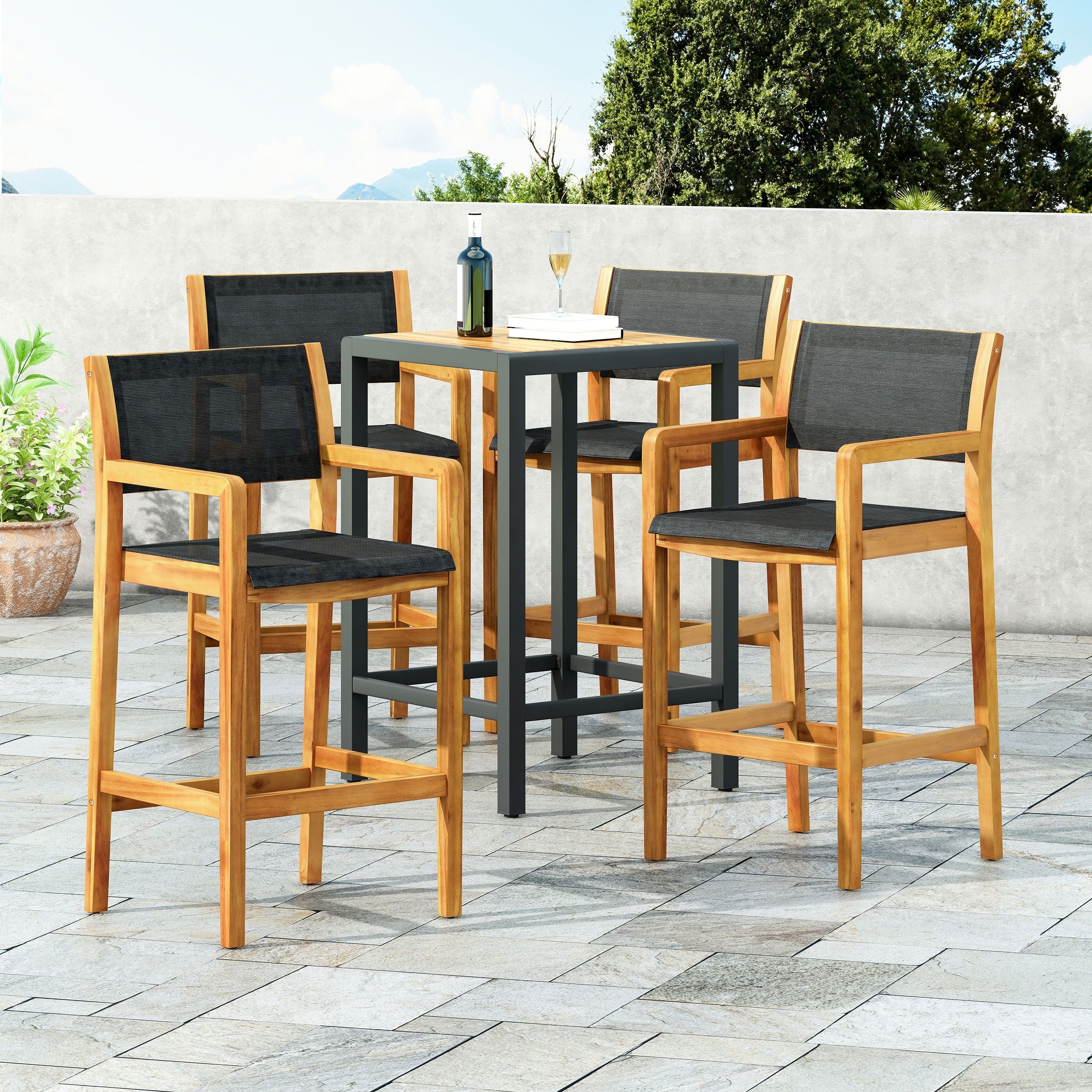 Fairfax Outdoor Acacia Wood Barstools With Outdoor Mesh Set Of 4 By Christopher Knight Home