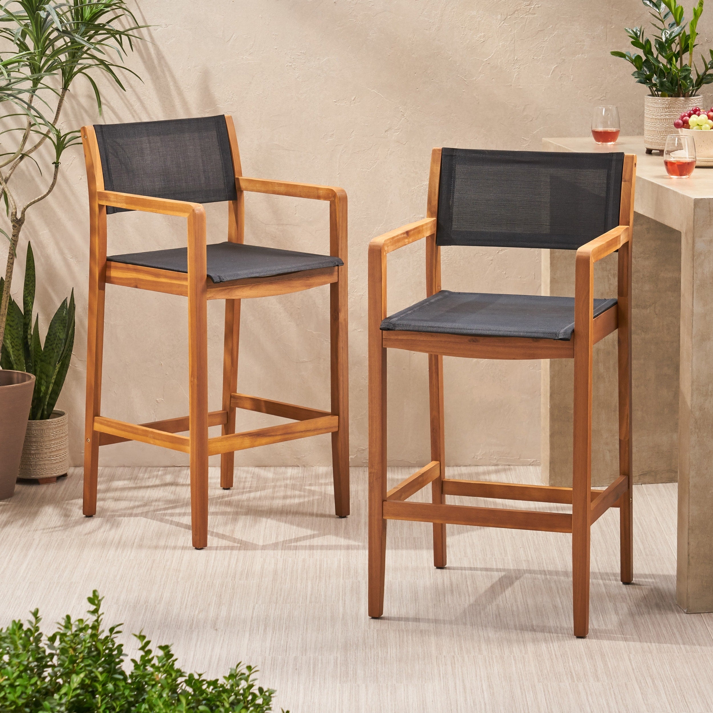 Fairfax Outdoor Acacia Wood Barstools With Outdoor Mesh Set Of 2 By Christopher Knight Home