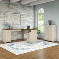 Copper Grove Khashuri L Shaped Desk And Storage Cabinet With Drawer In Antique White And Tea Maple