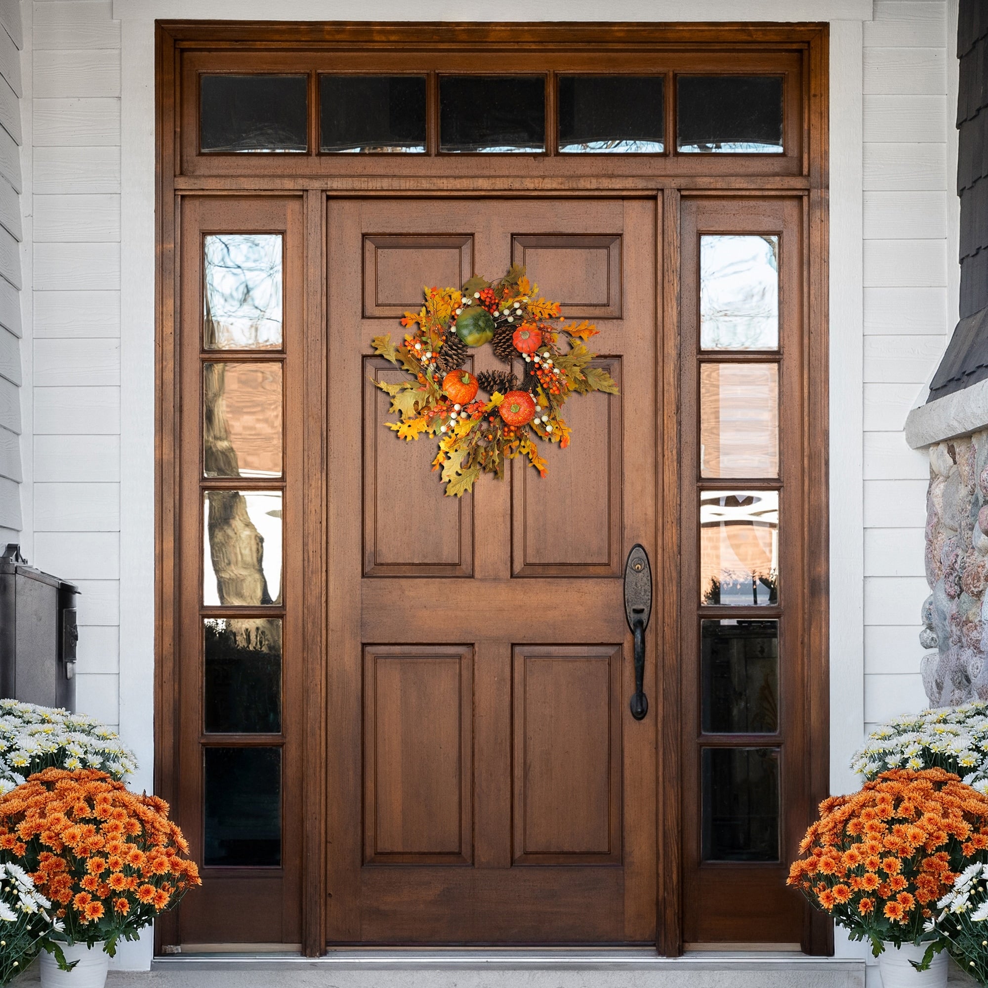 Fall Leaves Pine Cones And Pumpkins Artificial Thanksgiving Wreath 24 Inch Unlit
