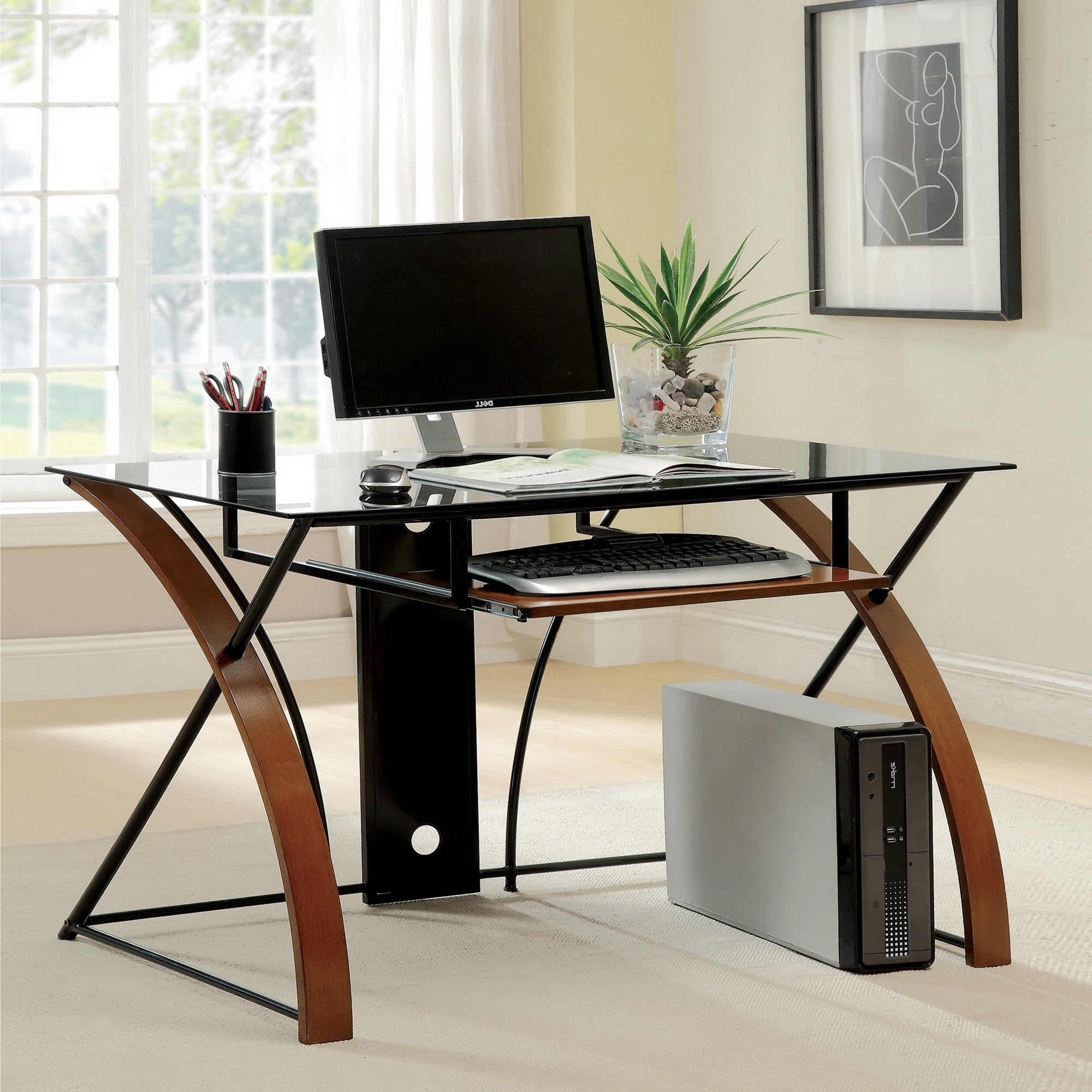 Furniture Of America Sirga Oak And Black Glass Modern Computer Desk