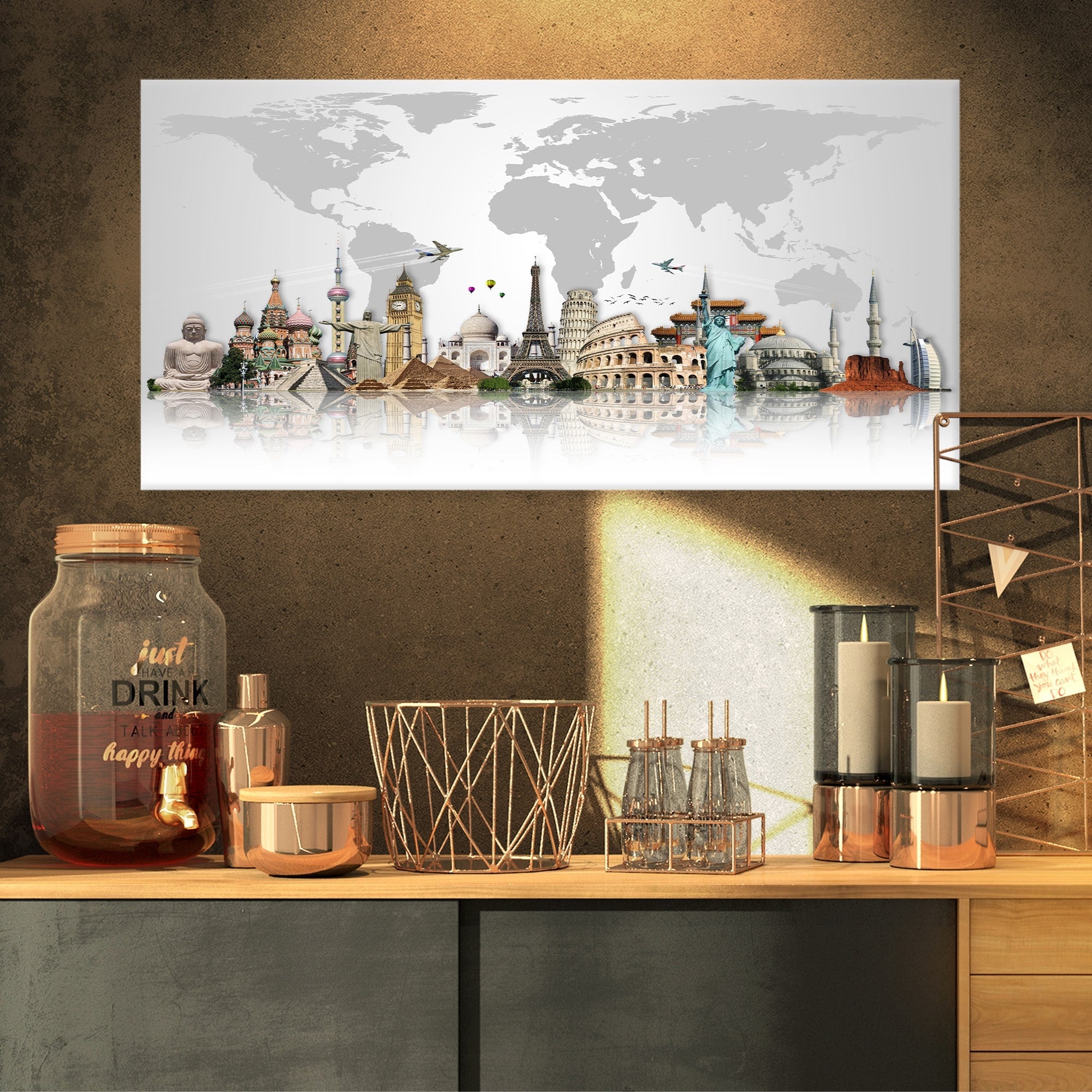 Famous Monuments Across World Art Canvas Print Grey