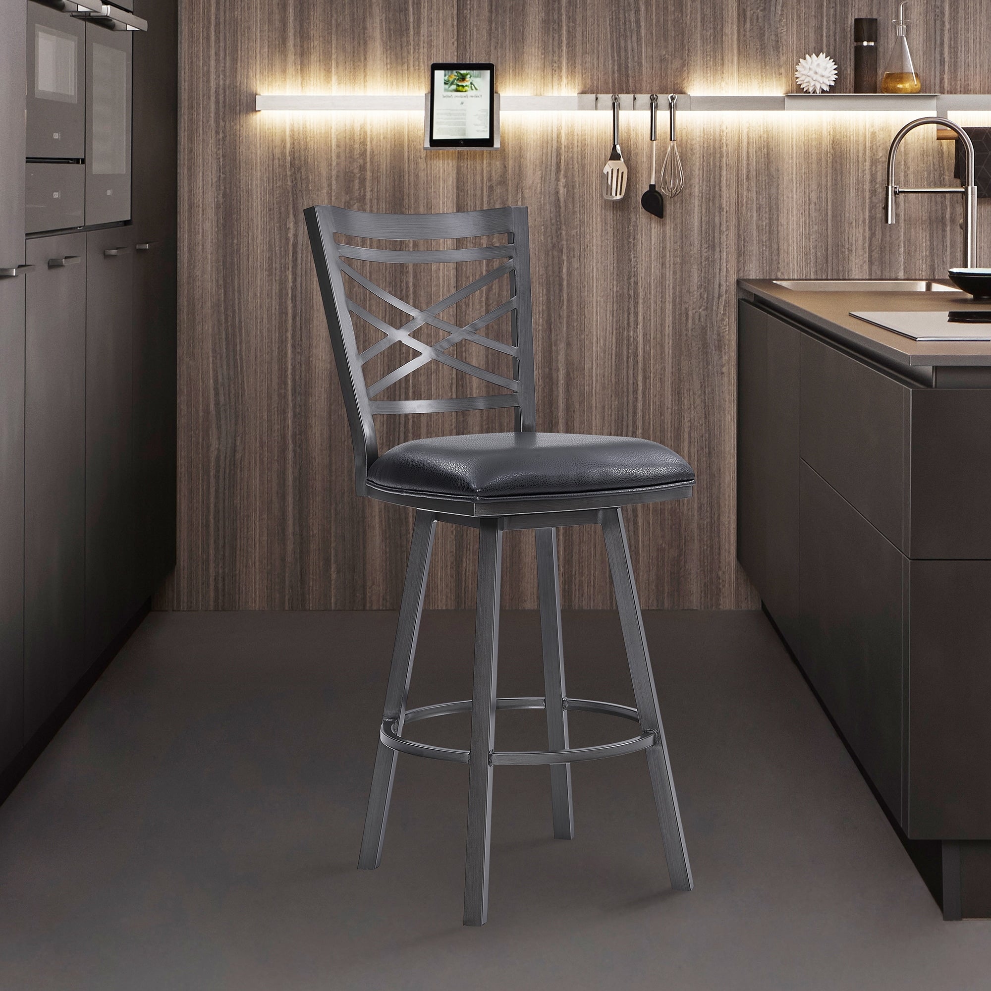 Fargo Metal Barstool In Mineral Finish With Black Faux Leather