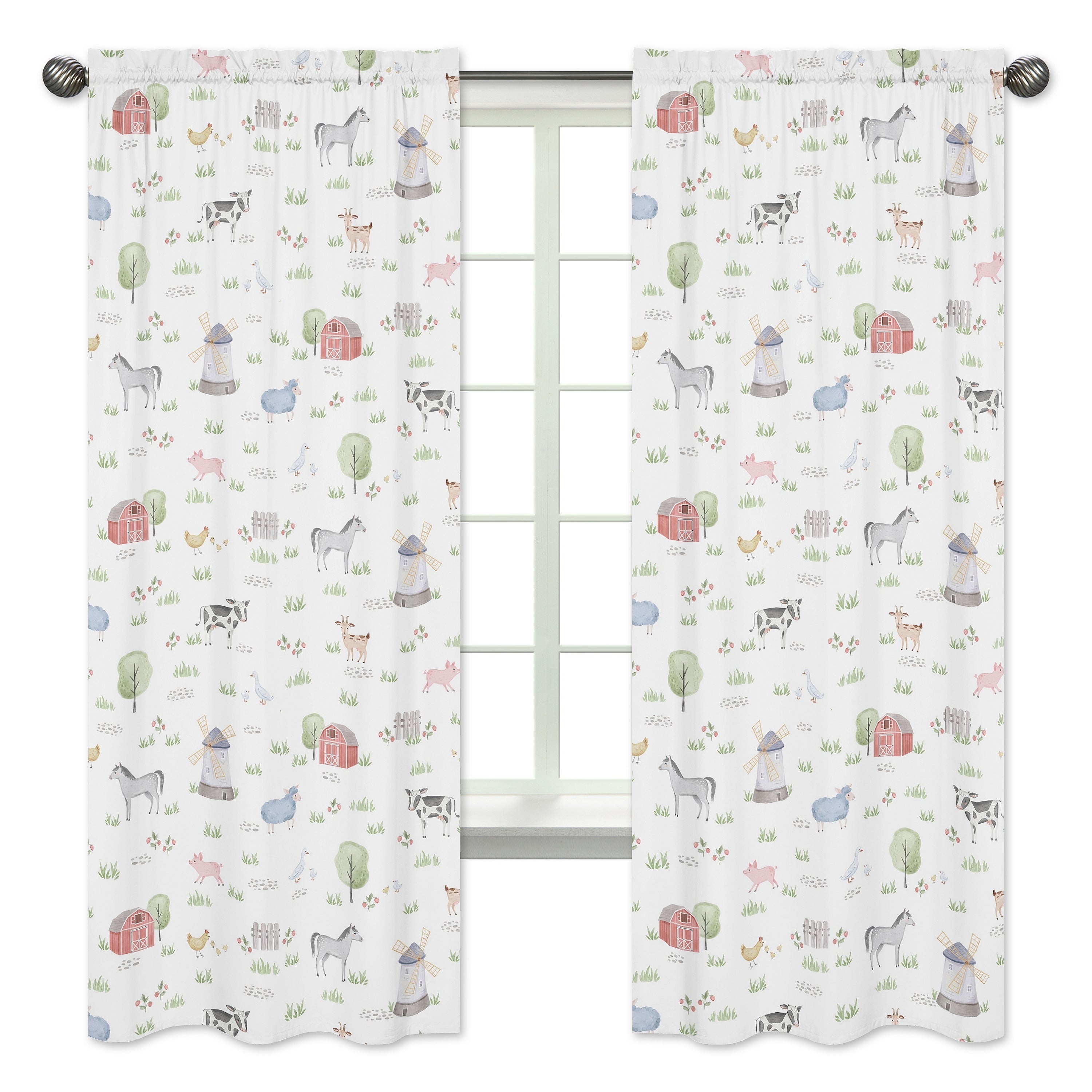 Farm Animals Collection 84 Inch Window Treatment Curtain Panel Pair Watercolor Farmhouse Horse Cow Sheep Pig