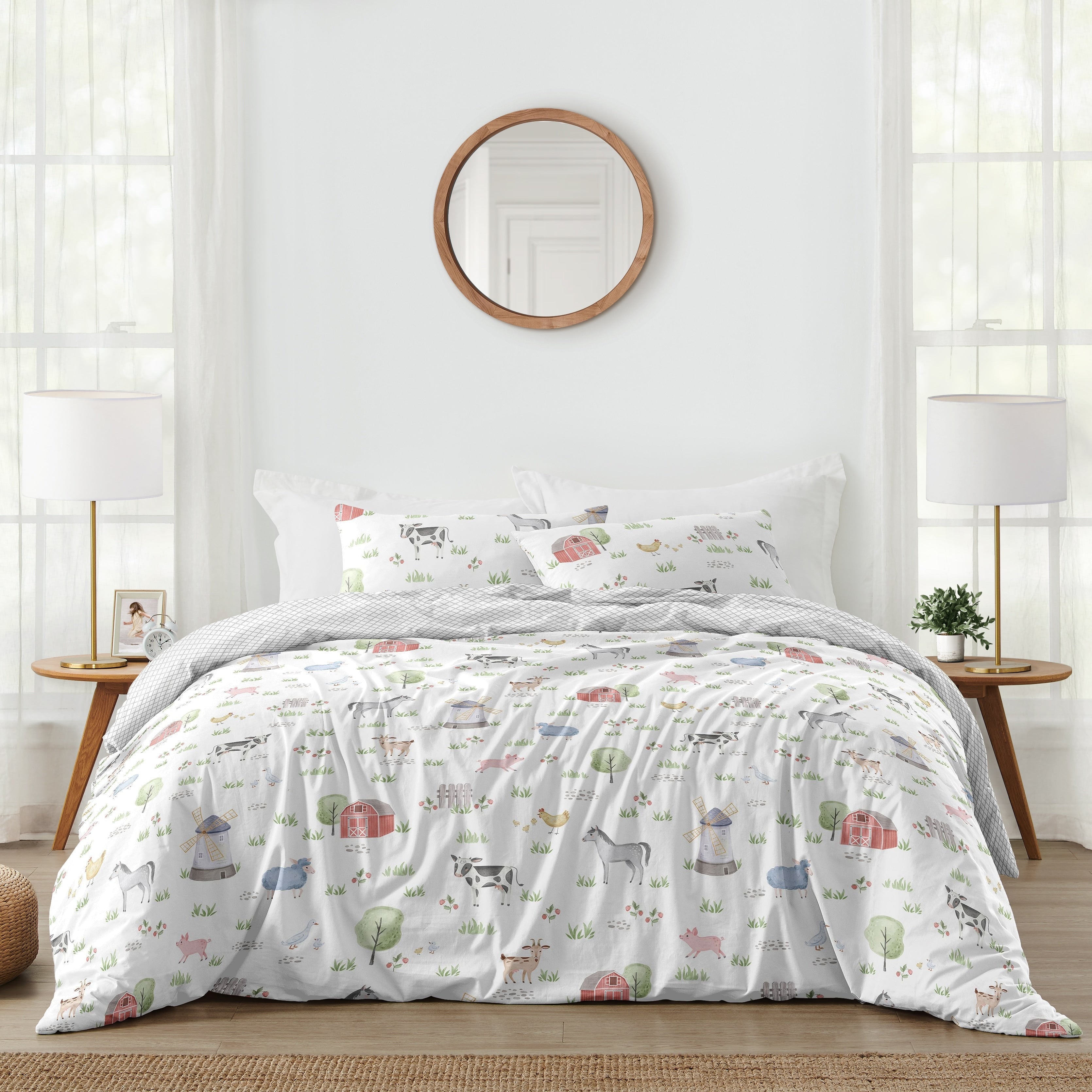 Farm Animals Collection Boy Girl 3 Piece Full Queen Size Comforter Set Watercolor Farmhouse Lattice Horse Cow Sheep Pig
