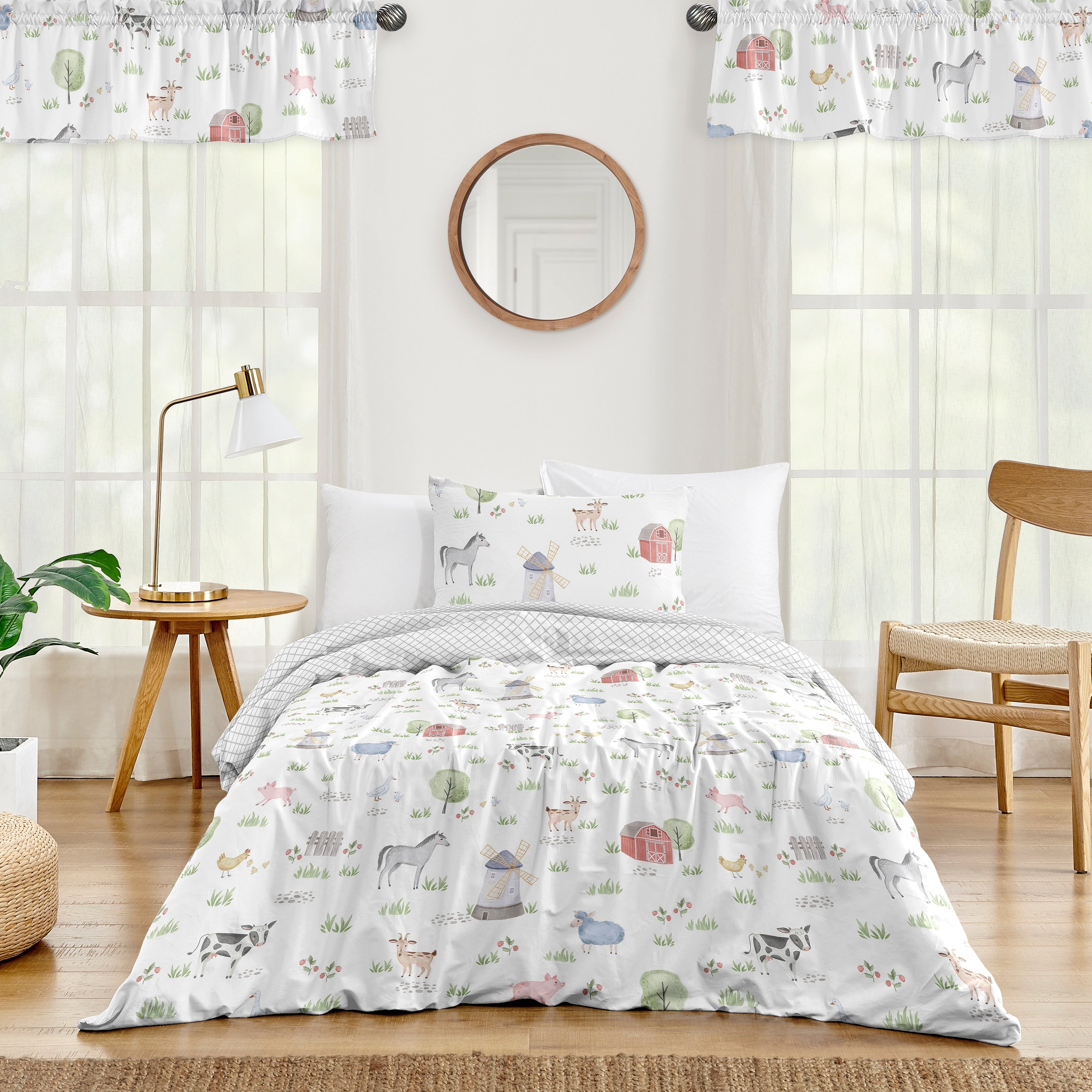 Farm Animals Collection Boy Or Girl 4 Piece Twin Size Comforter Set Watercolor Farmhouse Lattice Horse Cow Sheep Pig