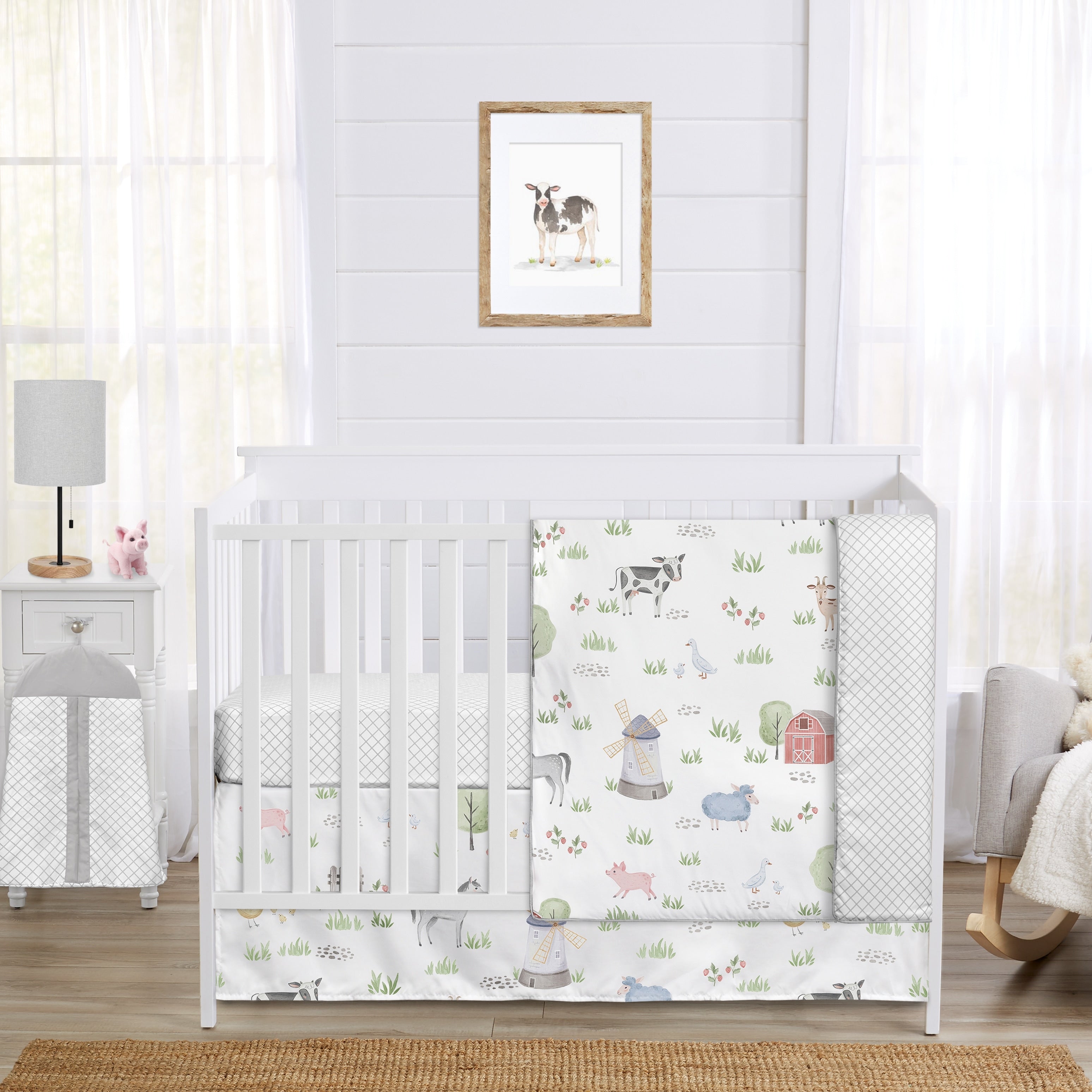 Farm Animals Collection Boy Or Girl 4 Piece Nursery Crib Bedding Set Watercolor Farmhouse Lattice Horse Cow Sheep Pig